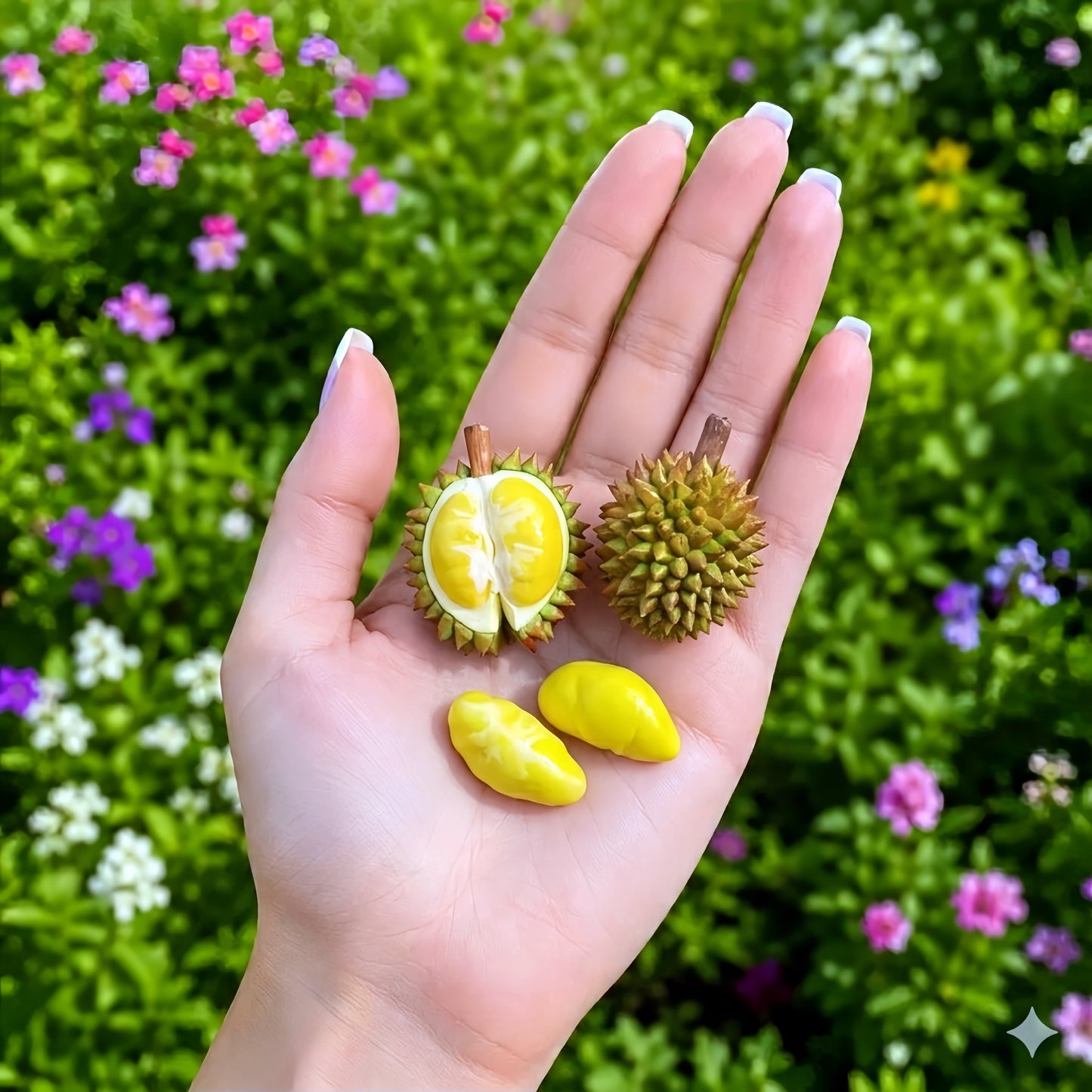 4Pcs Miniature Durian Set – Hand-Sculpted 1:6 Scale Dollhouse Durian with Spiky Shell, Cut Open and Loose Flesh Pods, Realistic Tiny Southeast Asian Fruit for Blythe & Barbie Dioramas, Resin Jewelry & Polymer Clay Food Miniatures