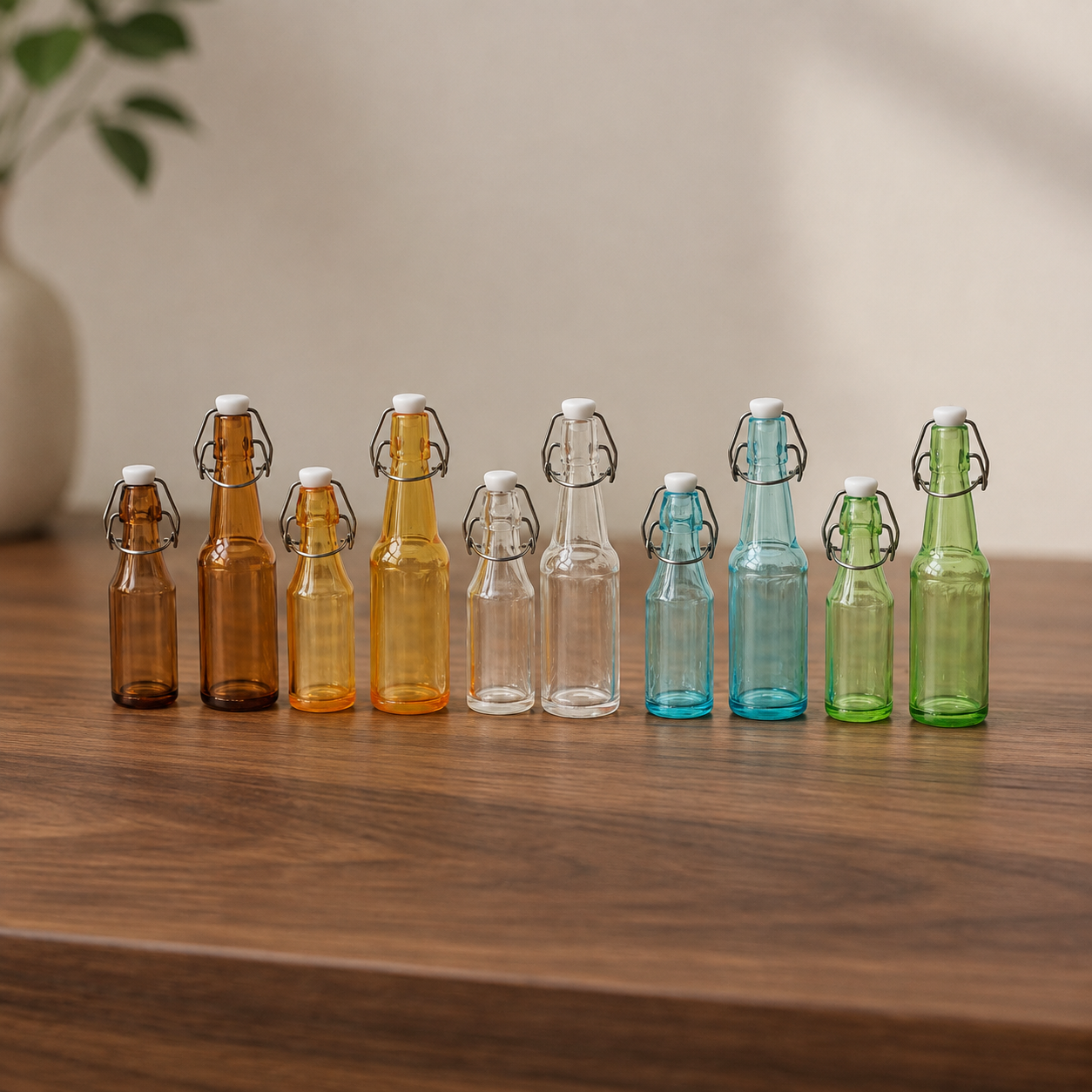 FDMINI Mini Swing-Top Soda Bottles – Miniature Flip-Top Drink Bottle Set (Tall + Short) with 3 Sticker Sets, 1:6 & 1:12 Dollhouse Kitchen Decor