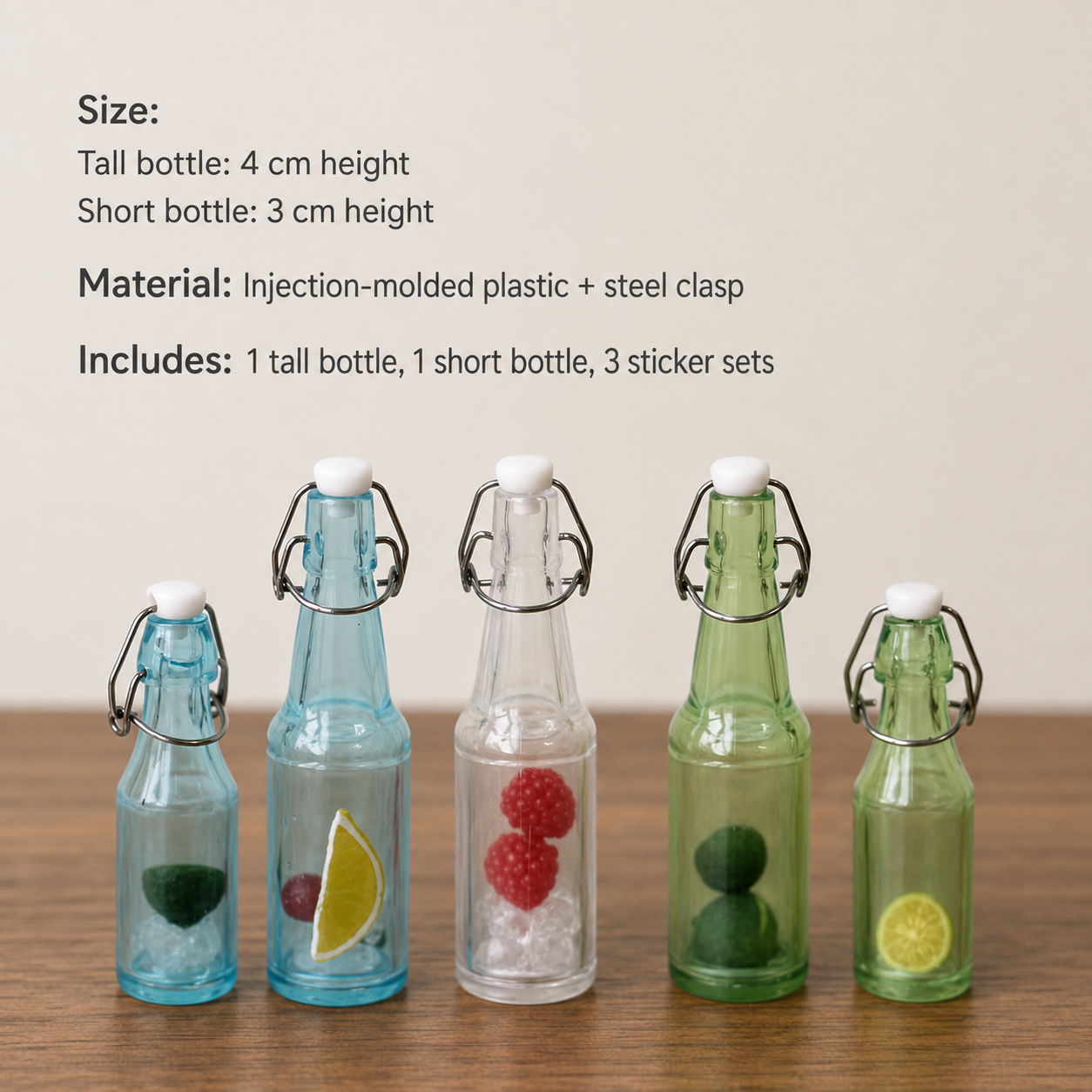 FDMINI Mini Swing-Top Soda Bottles – Miniature Flip-Top Drink Bottle Set (Tall + Short) with 3 Sticker Sets, 1:6 & 1:12 Dollhouse Kitchen Decor