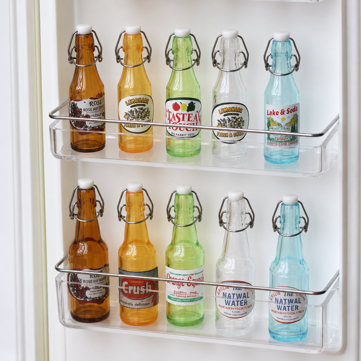 FDMINI Mini Swing-Top Soda Bottles – Miniature Flip-Top Drink Bottle Set (Tall + Short) with 3 Sticker Sets, 1:6 & 1:12 Dollhouse Kitchen Decor