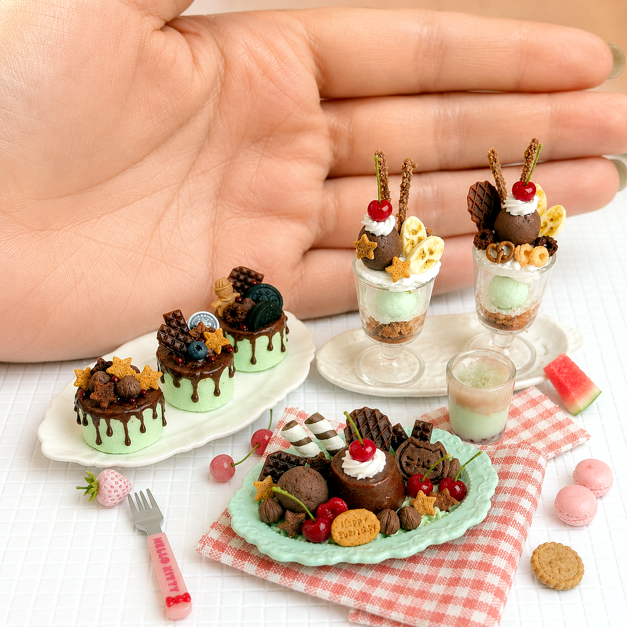 1:6 Scale Miniature Chocolate Mint Café Collection – 7 Styles Dollhouse Drip Cake, Chocolate Parfait, Cat Cookie Platter & Mint Latte, Handmade Polymer Clay Kawaii Food for Blythe BJD Diorama