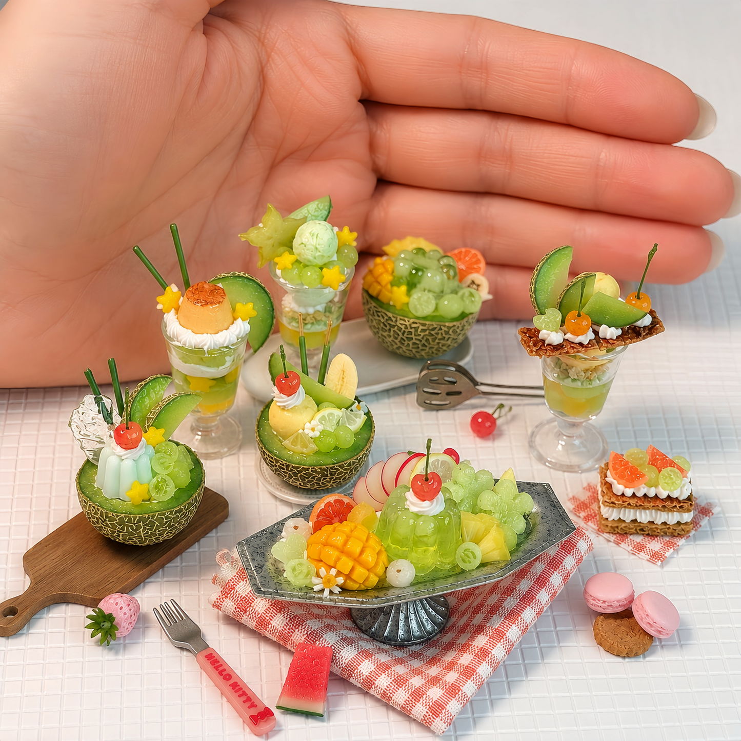 1:6 Scale Miniature Melon Café Collection – 8 Styles Dollhouse Cantaloupe Bowl, Melon Parfait, Jelly Platter & Fruit Tart, Handmade Polymer Clay Kawaii Food for Blythe BJD Diorama