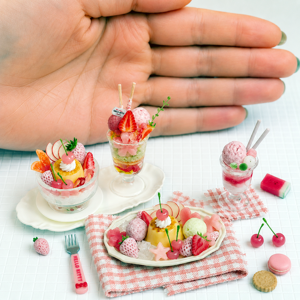 1:6 Scale Miniature Peach & Strawberry Café Collection – 4 Styles Dollhouse Caramel Pudding Platter, Strawberry Parfait, Layered Fruit Cup & Pink Ice Cream Soda, Handmade Polymer Clay Kawaii Food for Blythe BJD Diorama