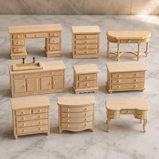 FDMINI Mini DIY Unfinished Wood Furniture – Paintable Miniature Dresser, Desk & Cabinet for 1:12 Scale Dollhouse, OB11 & BJD Scenes (9 Styles)