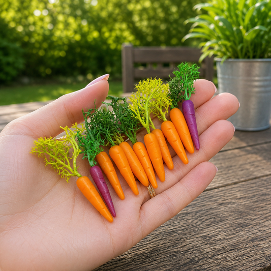 1:6 Scale Miniature Carrot Set – Dollhouse Realistic Orange & Purple Heirloom Carrot with Green Tops, Handmade Polymer Clay Garden Vegetable for Blythe BJD Diorama