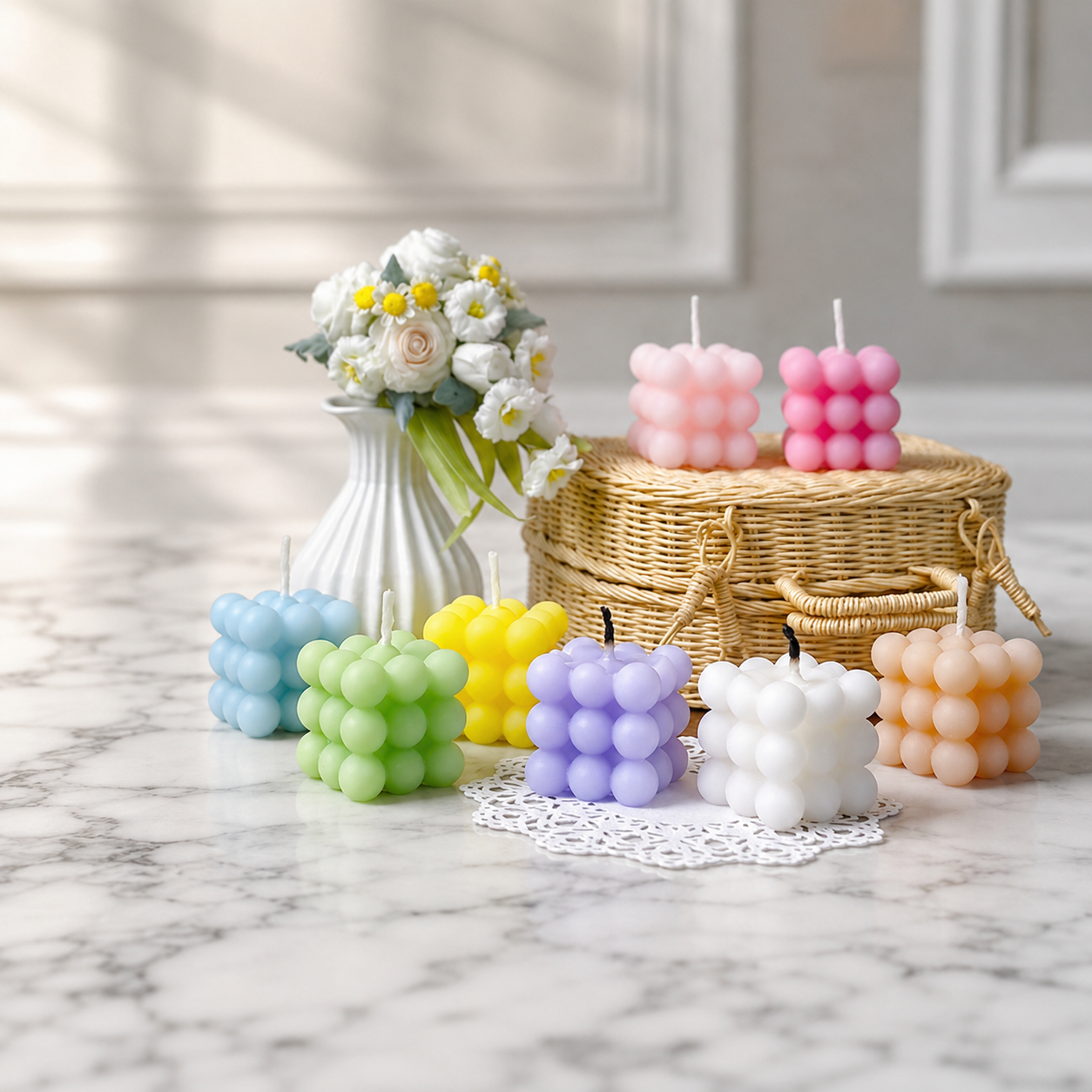 FDMINI Mini Bubble Cube Candles – Set of 8 Pastel Handmade Miniature Candles for 1:6 1:8 1:12 Scale Dollhouse, BJD & Blythe Scenes