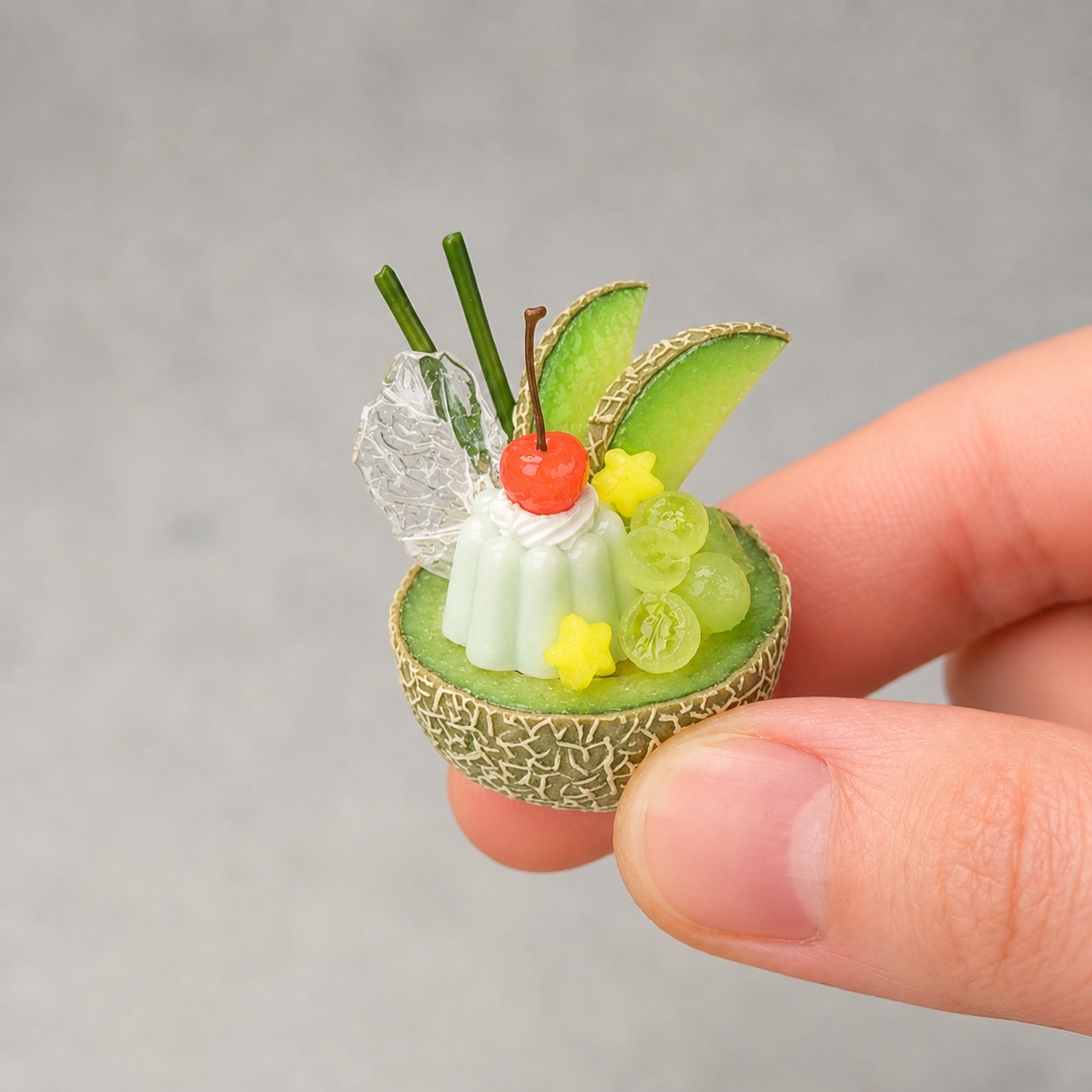 1:6 Scale Miniature Melon Café Collection – 8 Styles Dollhouse Cantaloupe Bowl, Melon Parfait, Jelly Platter & Fruit Tart, Handmade Polymer Clay Kawaii Food for Blythe BJD Diorama