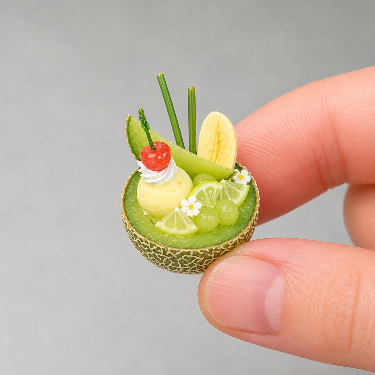 1:6 Scale Miniature Melon Café Collection – 8 Styles Dollhouse Cantaloupe Bowl, Melon Parfait, Jelly Platter & Fruit Tart, Handmade Polymer Clay Kawaii Food for Blythe BJD Diorama