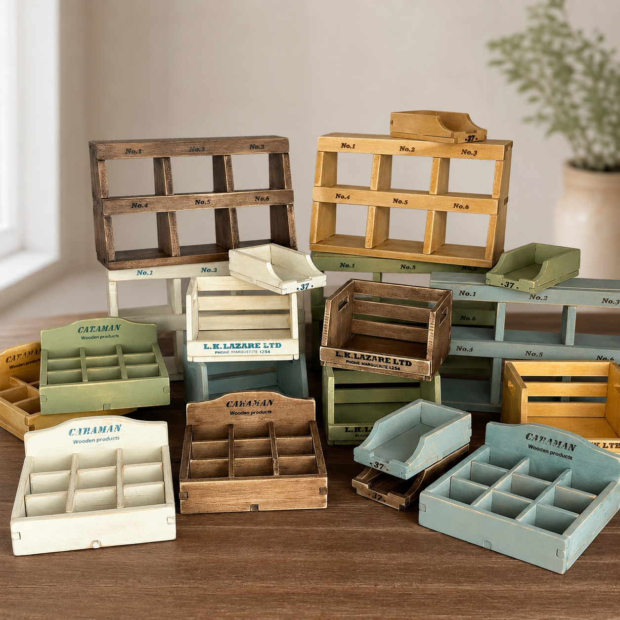 FDMINI Mini Vintage Wooden Storage Set – 4-Piece Handmade Miniature Shelf, Crate & Divided Box in Rustic Brown for 1:6 1:8 Scale Dollhouse, BJD & Blythe