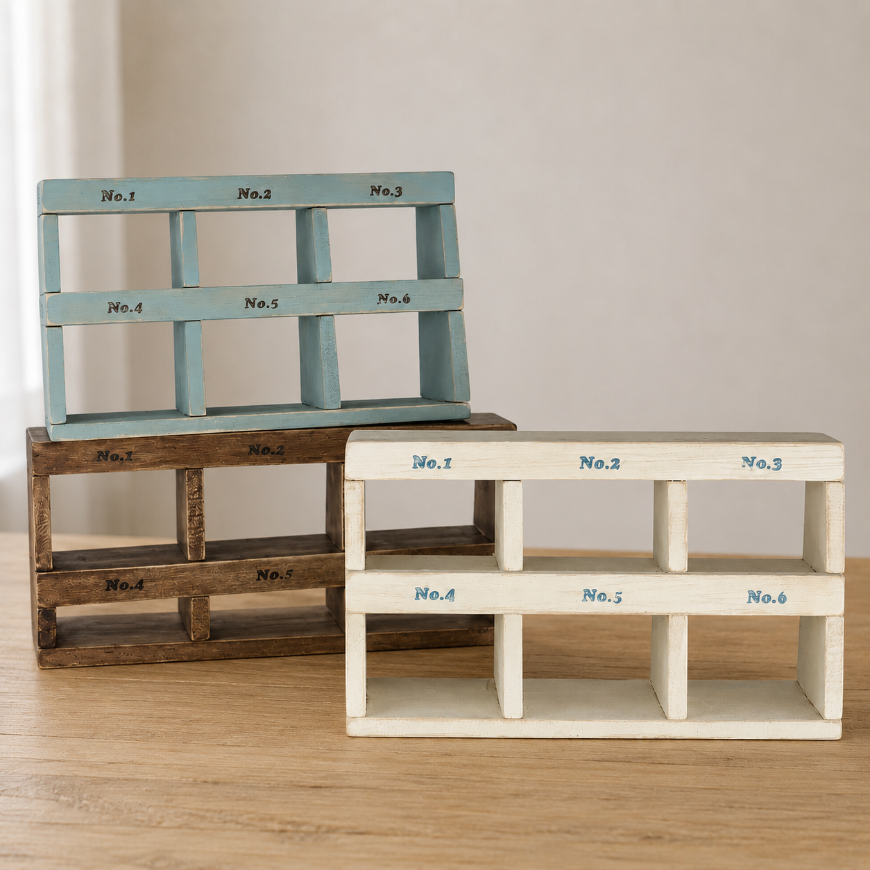 FDMINI Mini Vintage Wooden Storage Set – 4-Piece Handmade Miniature Shelf, Crate & Divided Box in Rustic Brown for 1:6 1:8 Scale Dollhouse, BJD & Blythe