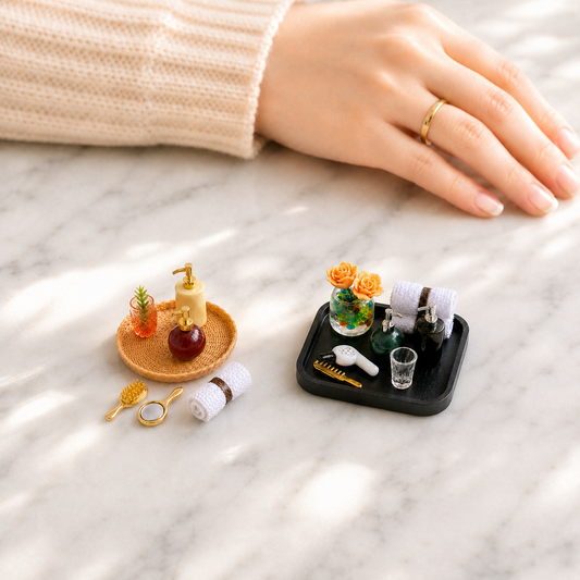 FDMINI Mini Bathroom Vanity Tray Set – 2 Styles Miniature Soap Dispensers, Towels & Accessories for 1:12 Scale Dollhouse & Roombox