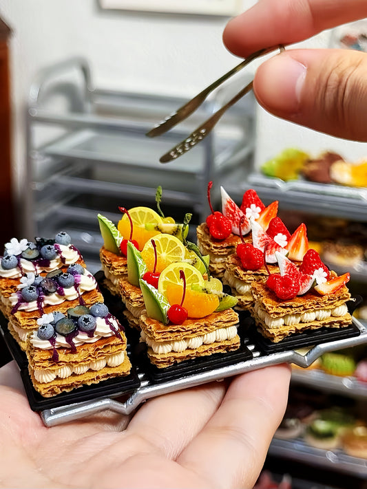 1:6 Scale Miniature Mille-Feuille Set – Dollhouse French Pastry Tray with Blueberry, Tropical Fruit & Strawberry Designs, Handmade Polymer Clay Bakery Food