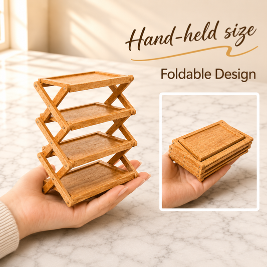FDMINI Mini Foldable 4-Tier Shelf – Miniature Cherry Wood Folding Rack for 1:6 & 1:12 Dollhouse, Diorama & Room Scenes