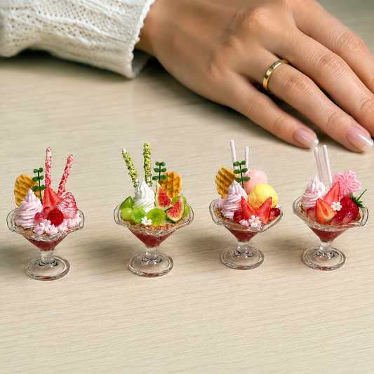 1:6 Scale Miniature Sundae Cup Collection – 4 Styles Dollhouse Ice Cream Parfait with Strawberry, Fig & Sakura, Handmade Polymer Clay Café Food for Blythe BJD Diorama