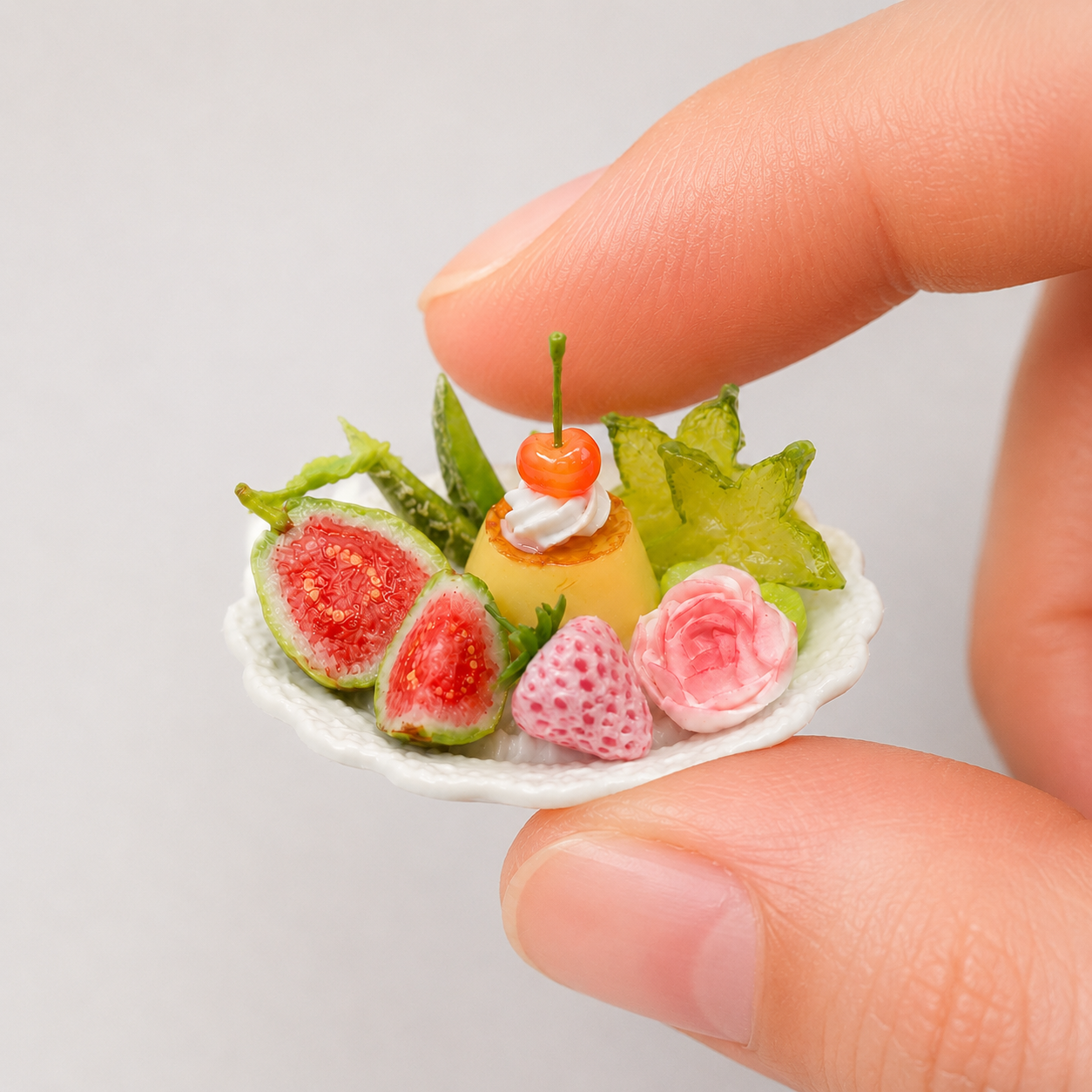 1:6 Scale Miniature Green Grape & Fig Dessert Set – Dollhouse Fruit Tart, Matcha Parfait, Fig Plate & Cream Puff Éclair, Handmade Polymer Clay Café Food for Blythe BJD Diorama