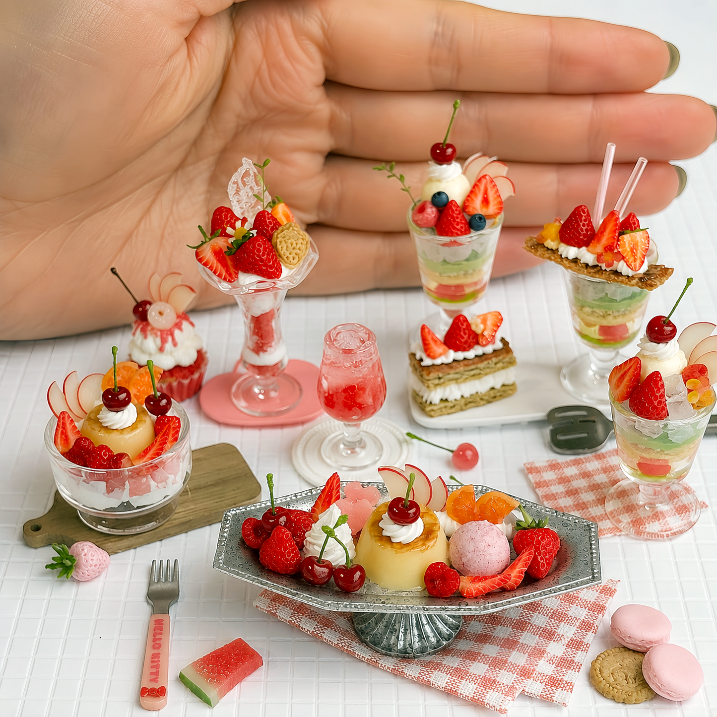1:6 Scale Miniature Strawberry Berry Summer Café Collection – 9 Styles Dollhouse Strawberry Parfait, Fruit Platter, Mille-Feuille & Caramel Pudding Cup, Handmade Polymer Clay Kawaii Food for Blythe BJD Diorama