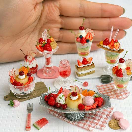 1:6 Scale Miniature Strawberry Berry Summer Café Collection – 9 Styles Dollhouse Strawberry Parfait, Fruit Platter, Mille-Feuille & Caramel Pudding Cup, Handmade Polymer Clay Kawaii Food for Blythe BJD Diorama