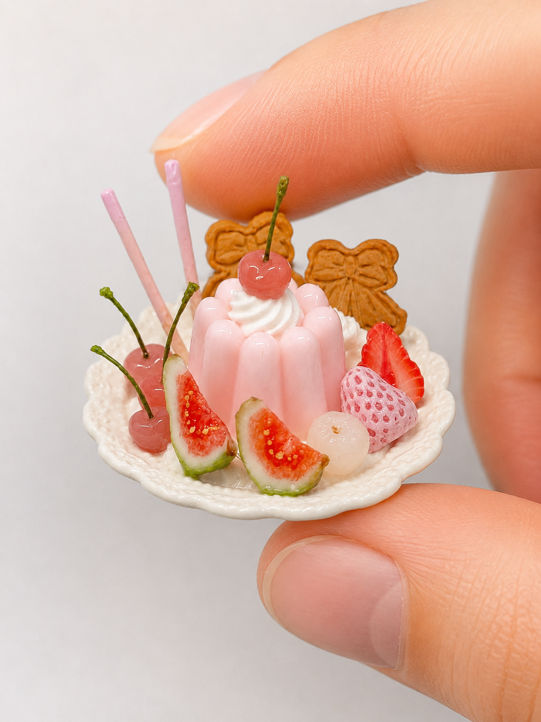1:6 Scale Miniature Fig & Strawberry Dessert Set – Dollhouse Charlotte Cake, Tropical Parfait, Fruit Tart & Strawberry Cup, Handmade Polymer Clay Café Food for Blythe BJD Diorama