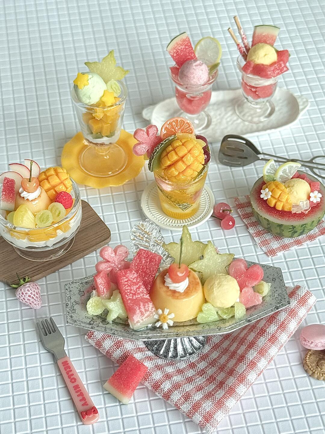 1:6 Scale Miniature Watermelon & Mango Summer Café Collection – 7 Styles Dollhouse Tropical Parfait, Fruit Jelly Platter & Watermelon Cake, Handmade Polymer Clay Kawaii Food for Blythe BJD Diorama