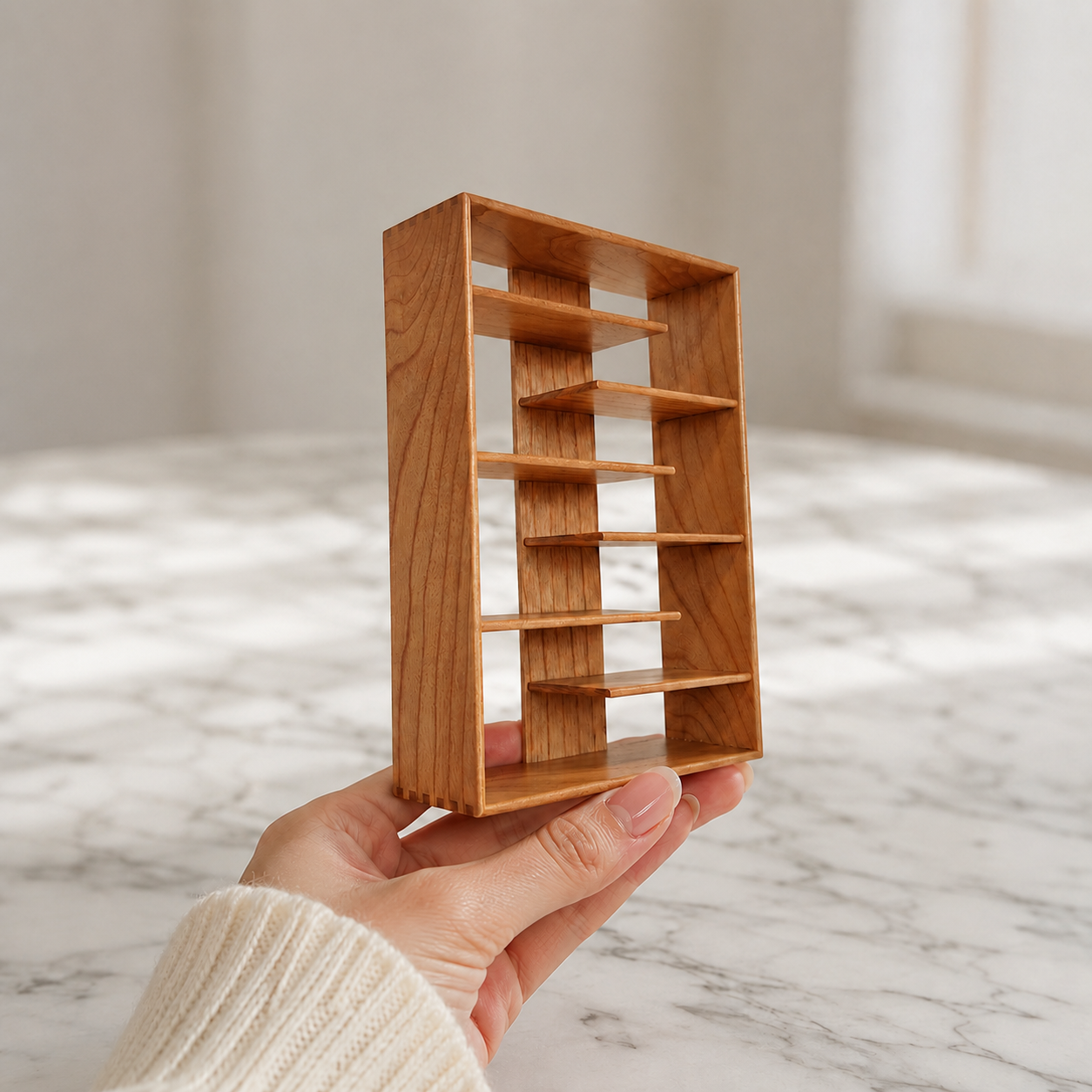 FDMINI Mini Wooden Bookshelf – 2 Wood Finishes Miniature Display Shelf & Shelving Unit for 1:12 Scale Dollhouse, Roombox & DIY Scenes