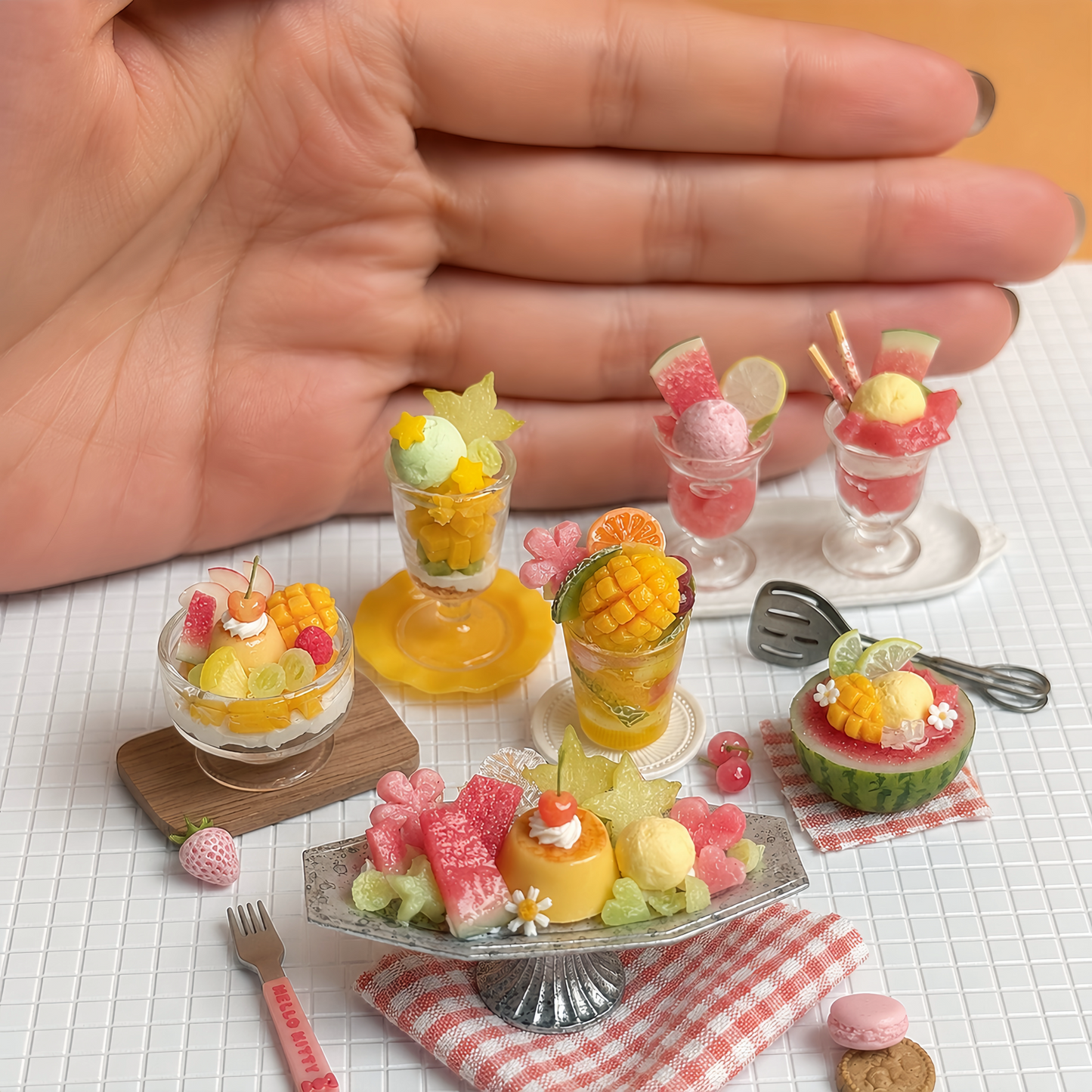 1:6 Scale Miniature Watermelon & Mango Summer Café Collection – 7 Styles Dollhouse Tropical Parfait, Fruit Jelly Platter & Watermelon Cake, Handmade Polymer Clay Kawaii Food for Blythe BJD Diorama