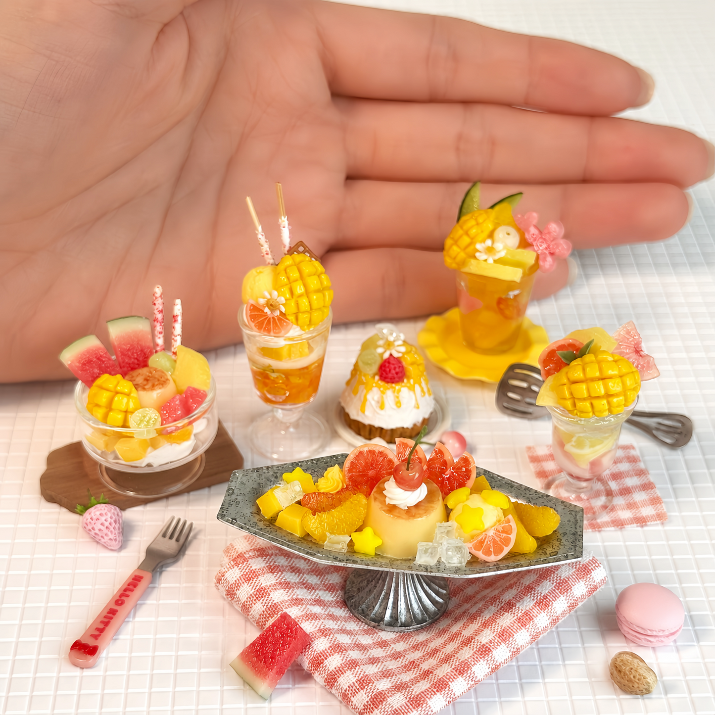1:6 Scale Miniature Mango & Citrus Summer Café Collection – 6 Styles Dollhouse Tropical Parfait, Orange Jelly Platter, Mango Cupcake & Pineapple Cup, Handmade Polymer Clay Kawaii Food for Blythe BJD Diorama
