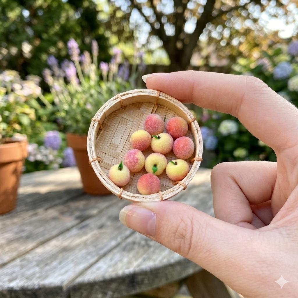 1:6 Scale Miniature Fuzzy Peach Set – Dollhouse Realistic Blush Pink Baby Peach with Stem, Handmade Polymer Clay Fruit Market Food for Blythe BJD Diorama