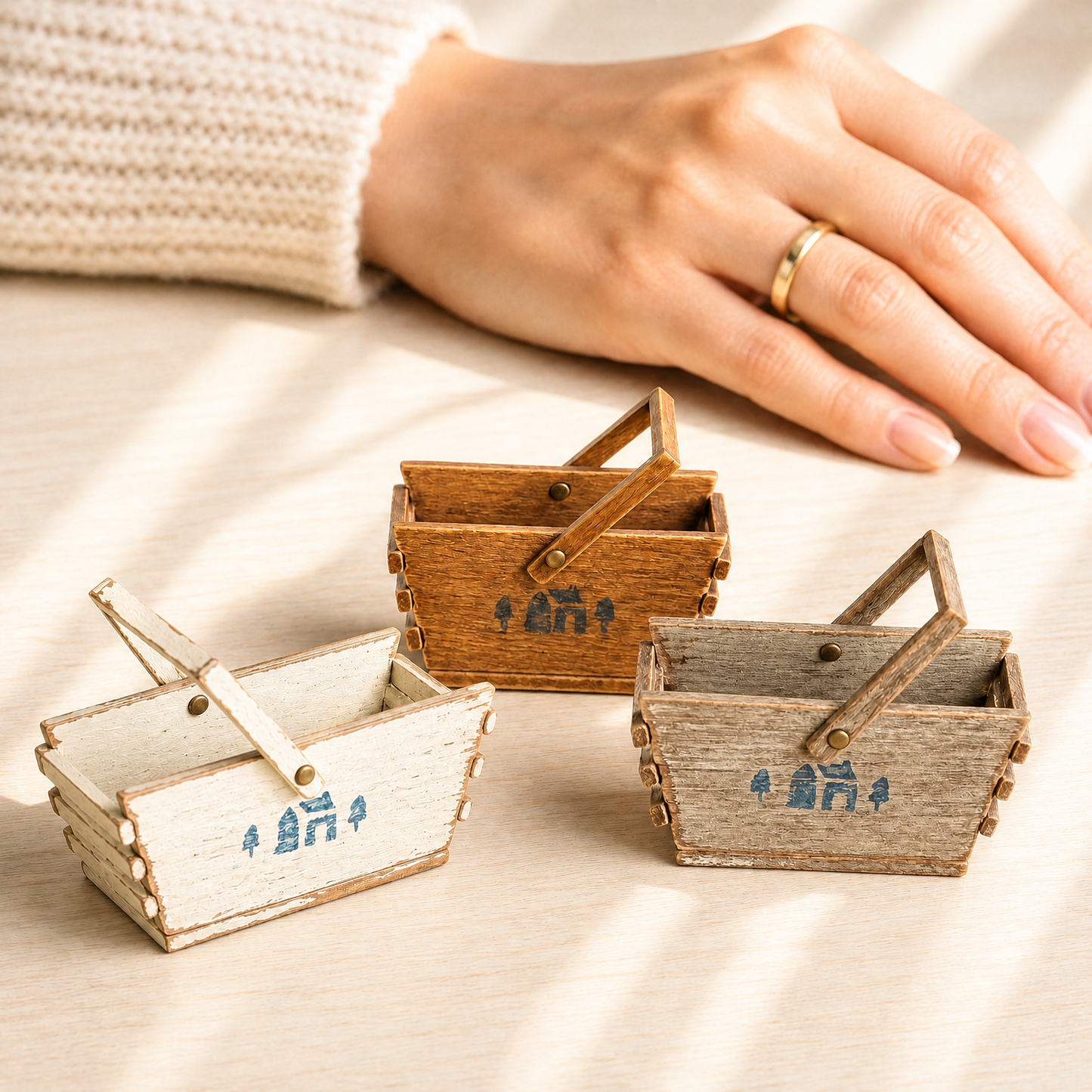 FDMINI Mini Wooden Basket – Vintage Rustic Handled Storage Basket for 1/6 Scale Dollhouse, BJD & Blythe Doll Scenes