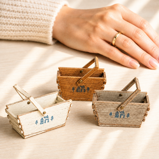 FDMINI Mini Wooden Basket – Vintage Rustic Handled Storage Basket for 1/6 Scale Dollhouse, BJD & Blythe Doll Scenes