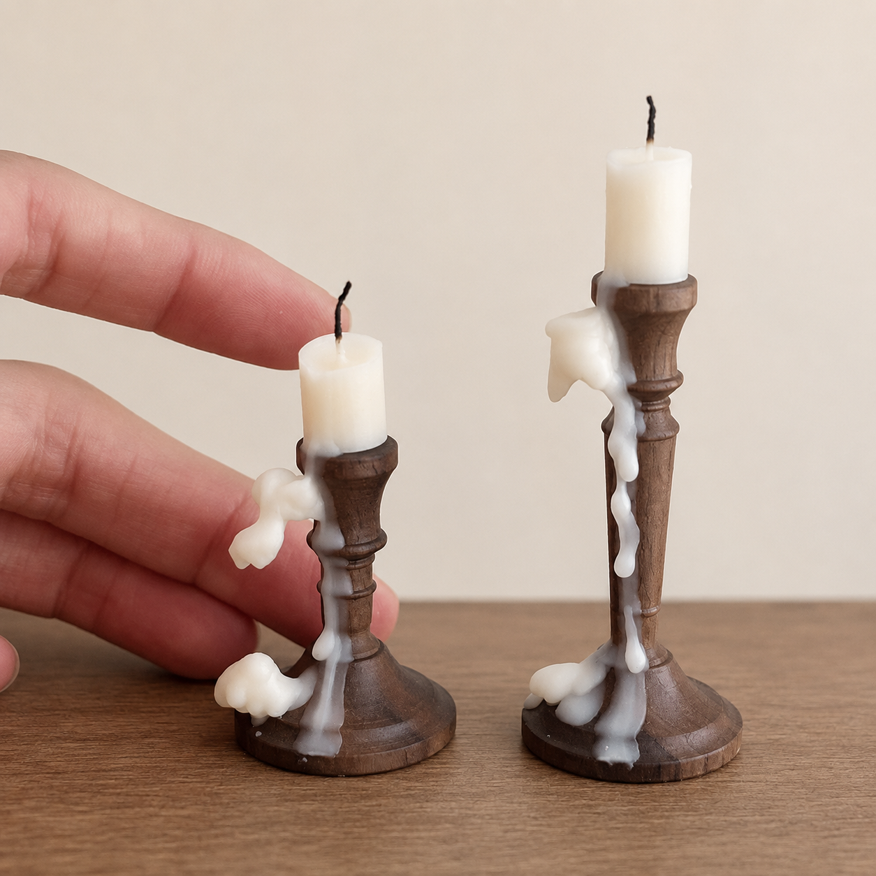 FDMINI Mini Walnut Candlestick Holder Set – 2 Wooden Candle Holders + 3 Real Candles for 1/6 1/8 1/12 Scale Dollhouse, BJD & Blythe Doll Scenes