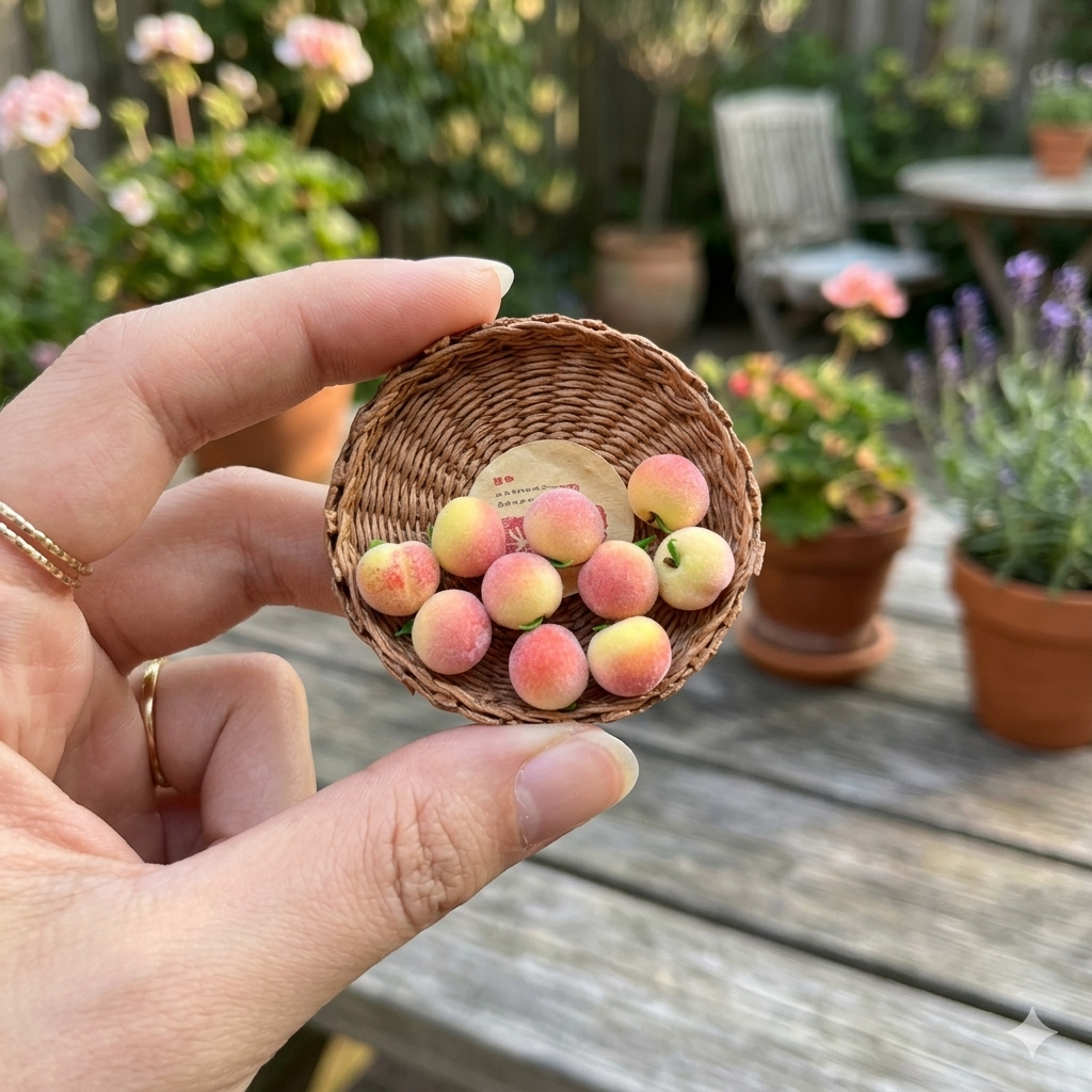 1:6 Scale Miniature Fuzzy Peach Set – Dollhouse Realistic Blush Pink Baby Peach with Stem, Handmade Polymer Clay Fruit Market Food for Blythe BJD Diorama