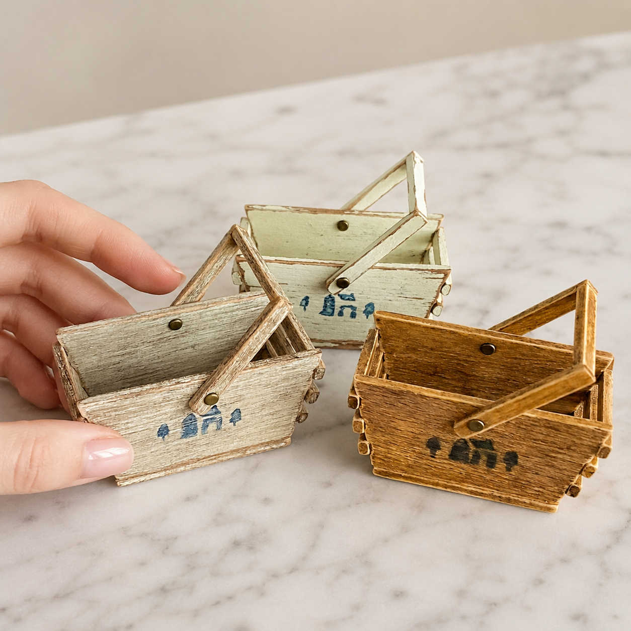 FDMINI Mini Wooden Basket – Vintage Rustic Handled Storage Basket for 1/6 Scale Dollhouse, BJD & Blythe Doll Scenes