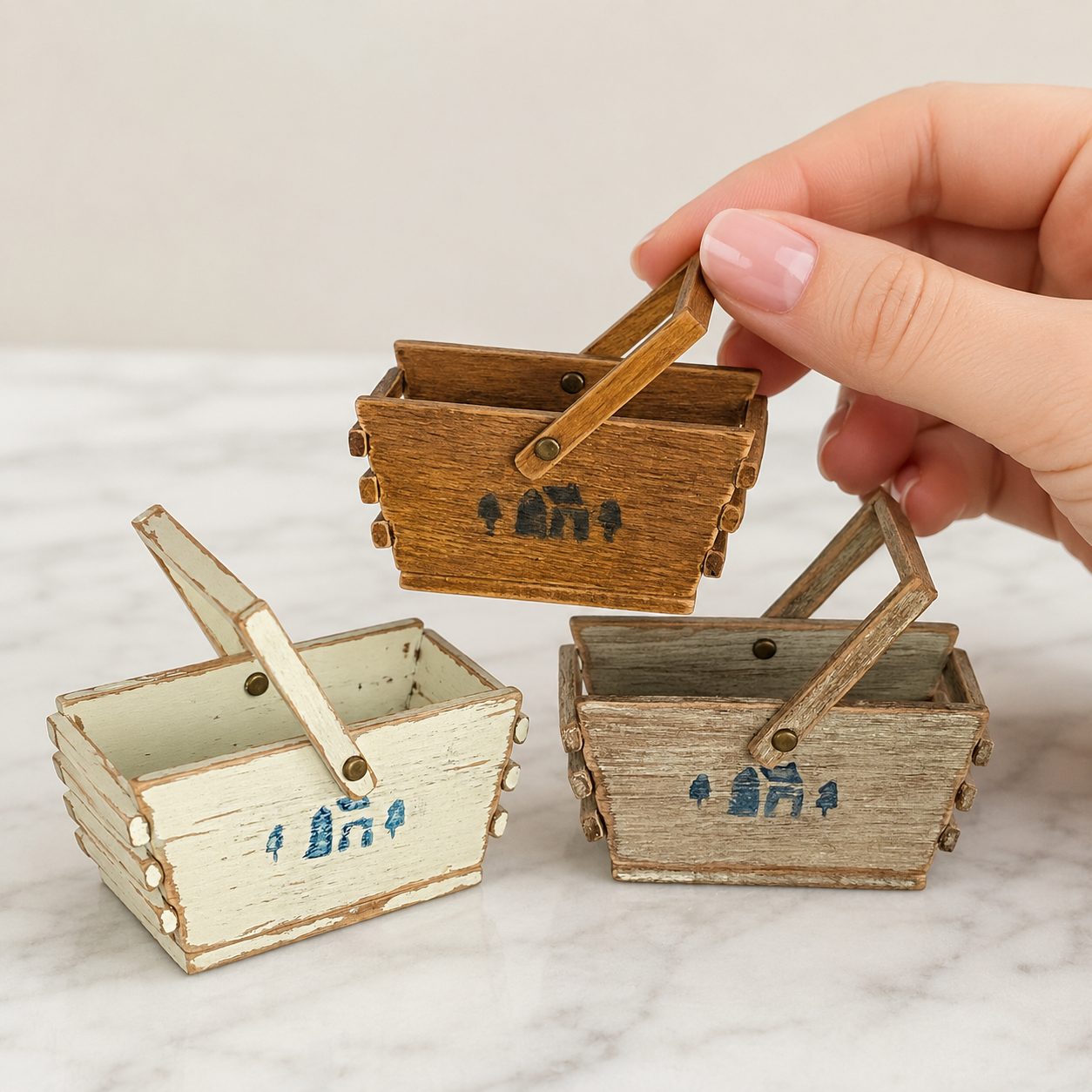 FDMINI Mini Wooden Basket – Vintage Rustic Handled Storage Basket for 1/6 Scale Dollhouse, BJD & Blythe Doll Scenes