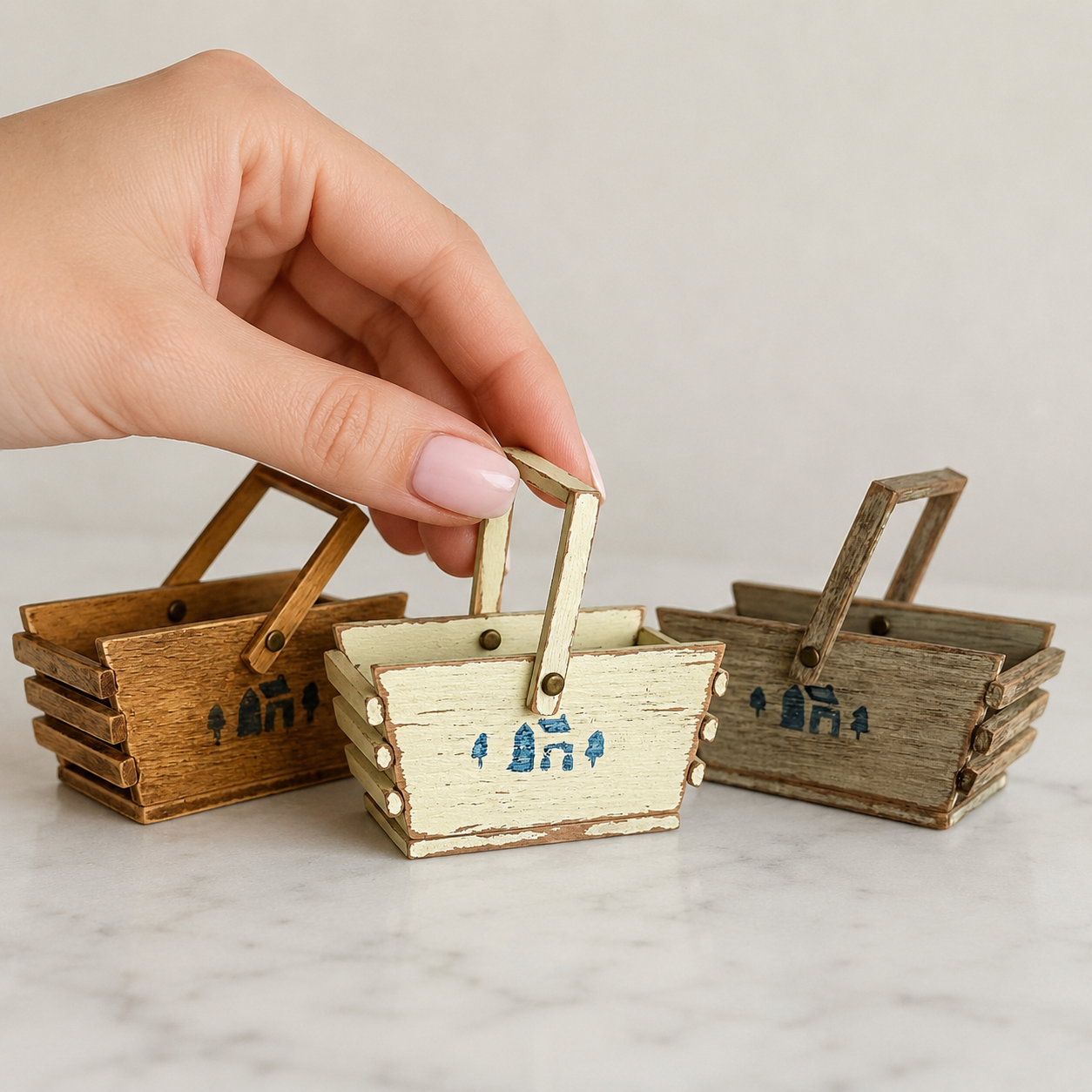 FDMINI Mini Wooden Basket – Vintage Rustic Handled Storage Basket for 1/6 Scale Dollhouse, BJD & Blythe Doll Scenes