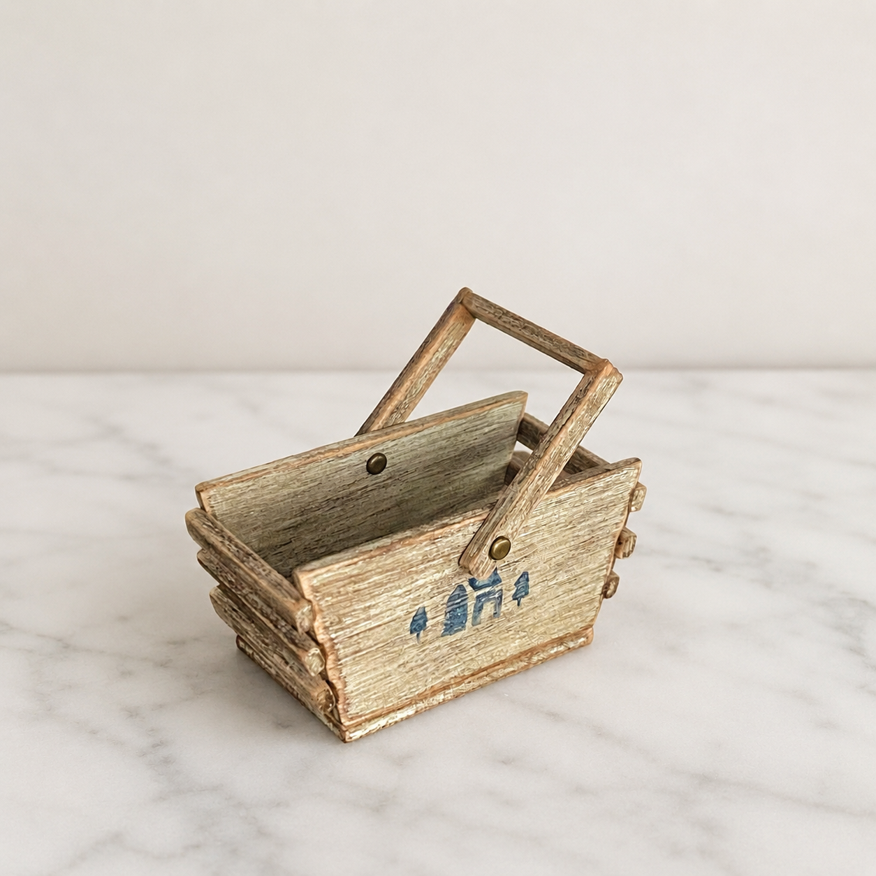 FDMINI Mini Wooden Basket – Vintage Rustic Handled Storage Basket for 1/6 Scale Dollhouse, BJD & Blythe Doll Scenes