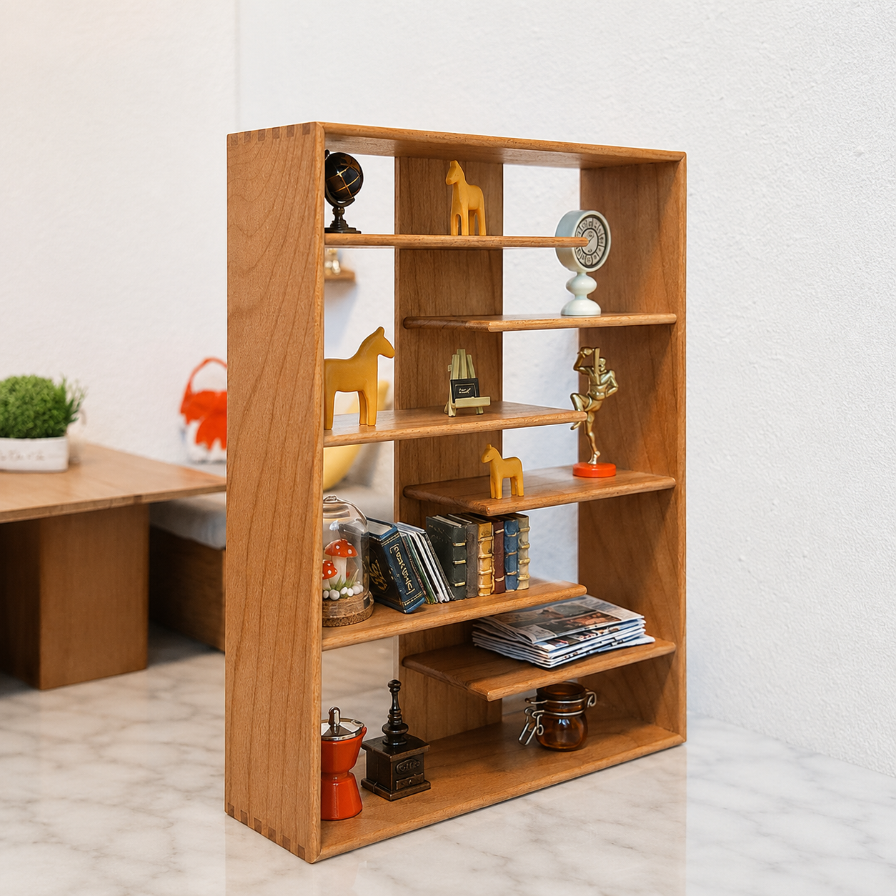 FDMINI Mini Wooden Bookshelf – 2 Wood Finishes Miniature Display Shelf & Shelving Unit for 1:12 Scale Dollhouse, Roombox & DIY Scenes