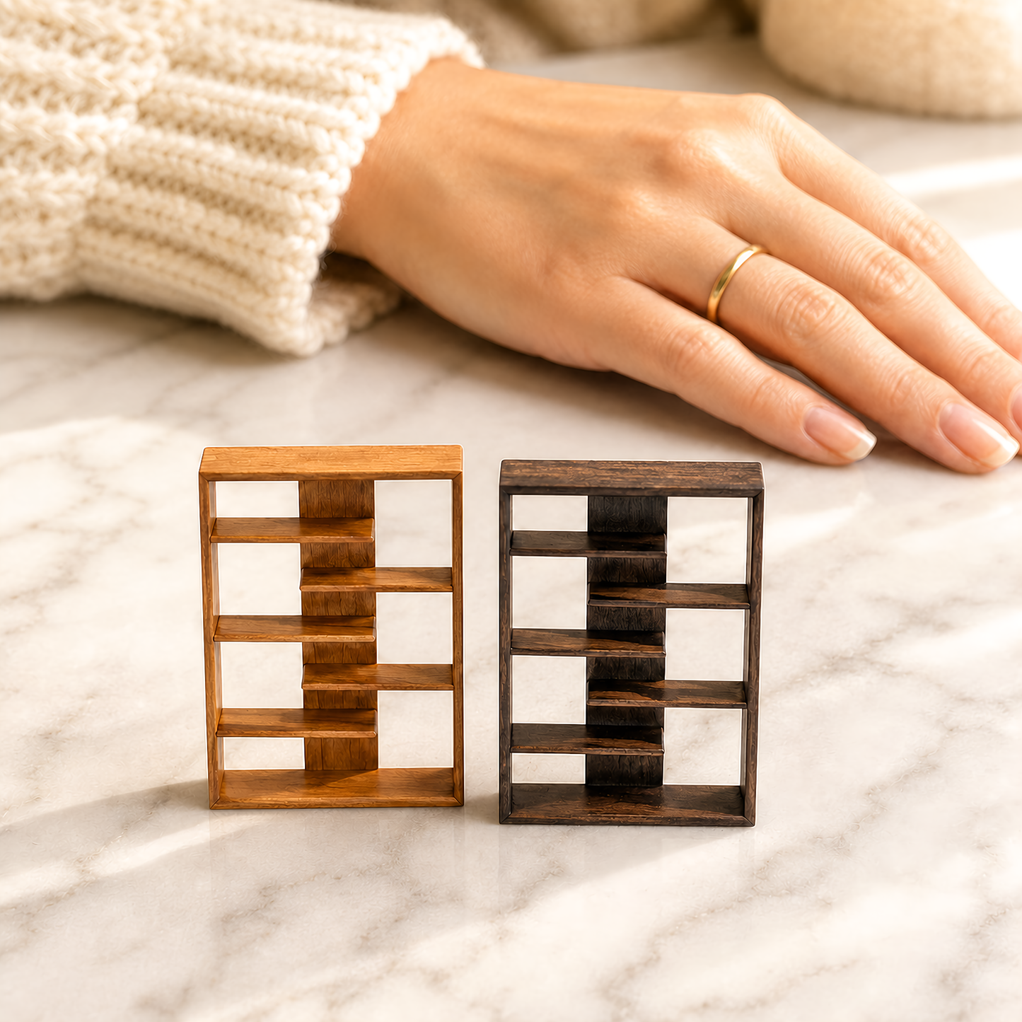 FDMINI Mini Wooden Bookshelf – 2 Wood Finishes Miniature Display Shelf & Shelving Unit for 1:12 Scale Dollhouse, Roombox & DIY Scenes