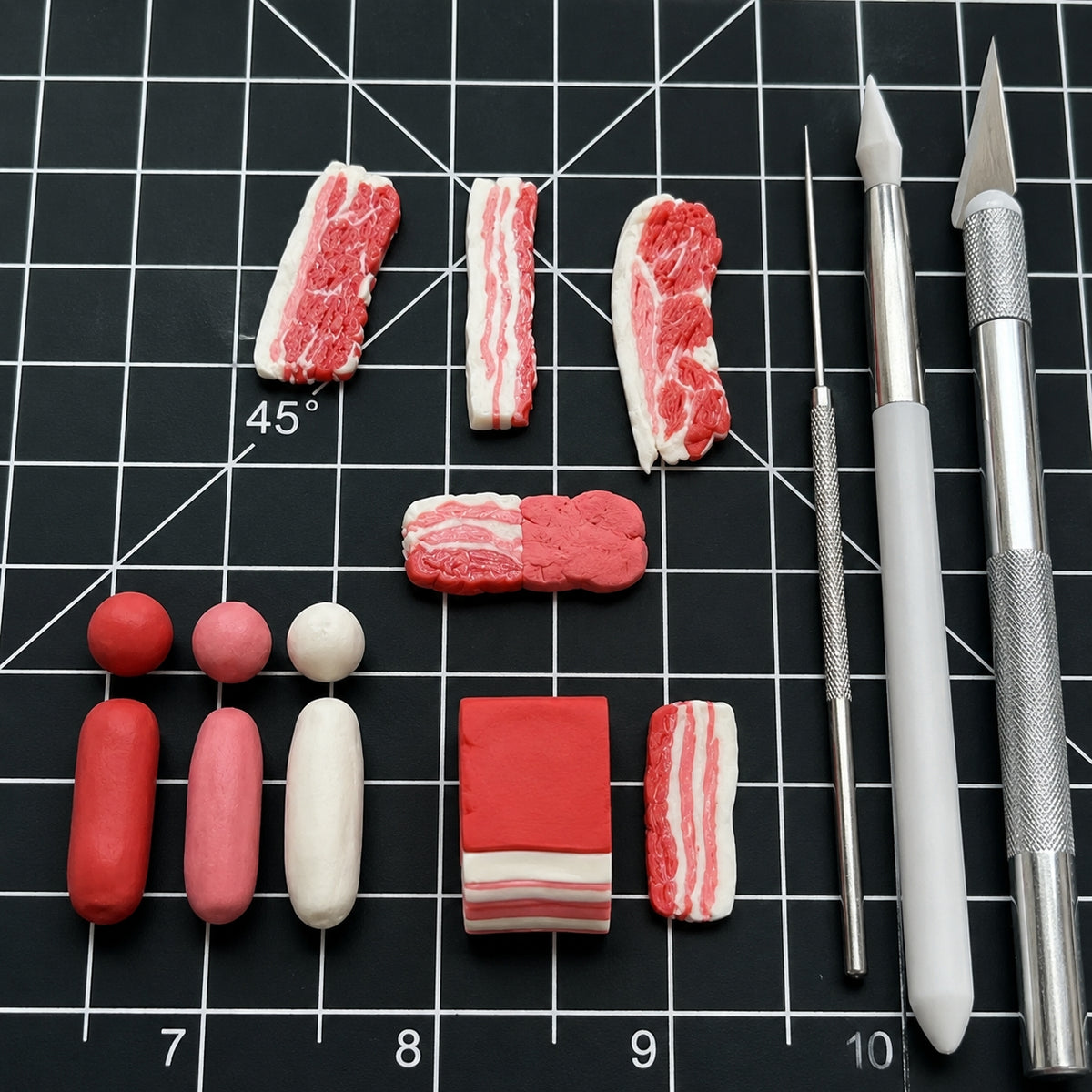 handmade polymer clay miniature pork belly slices 1:6 scale dollhouse fdmini scale reference