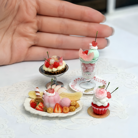 1:6 Scale Miniature Pink Rose Dessert Set – Dollhouse Fruit Tart, Jelly Parfait, Fruit Plate & Red Velvet Cupcake, Handmade Polymer Clay Kawaii Bakery Food for Blythe BJD Diorama