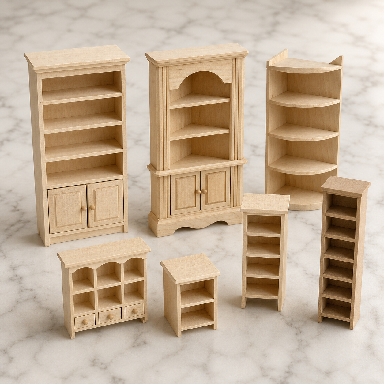 FDMINI Mini DIY Unfinished Wood Bookshelves – Paintable Miniature Bookcase, Corner Shelf & Hutch for 1:12 Scale Dollhouse, OB11 & BJD (7 Styles)