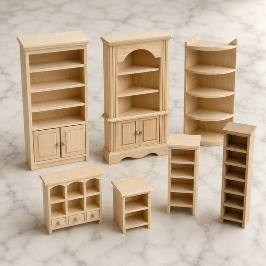 FDMINI Mini DIY Unfinished Wood Bookshelves – Paintable Miniature Bookcase, Corner Shelf & Hutch for 1:12 Scale Dollhouse, OB11 & BJD (7 Styles)
