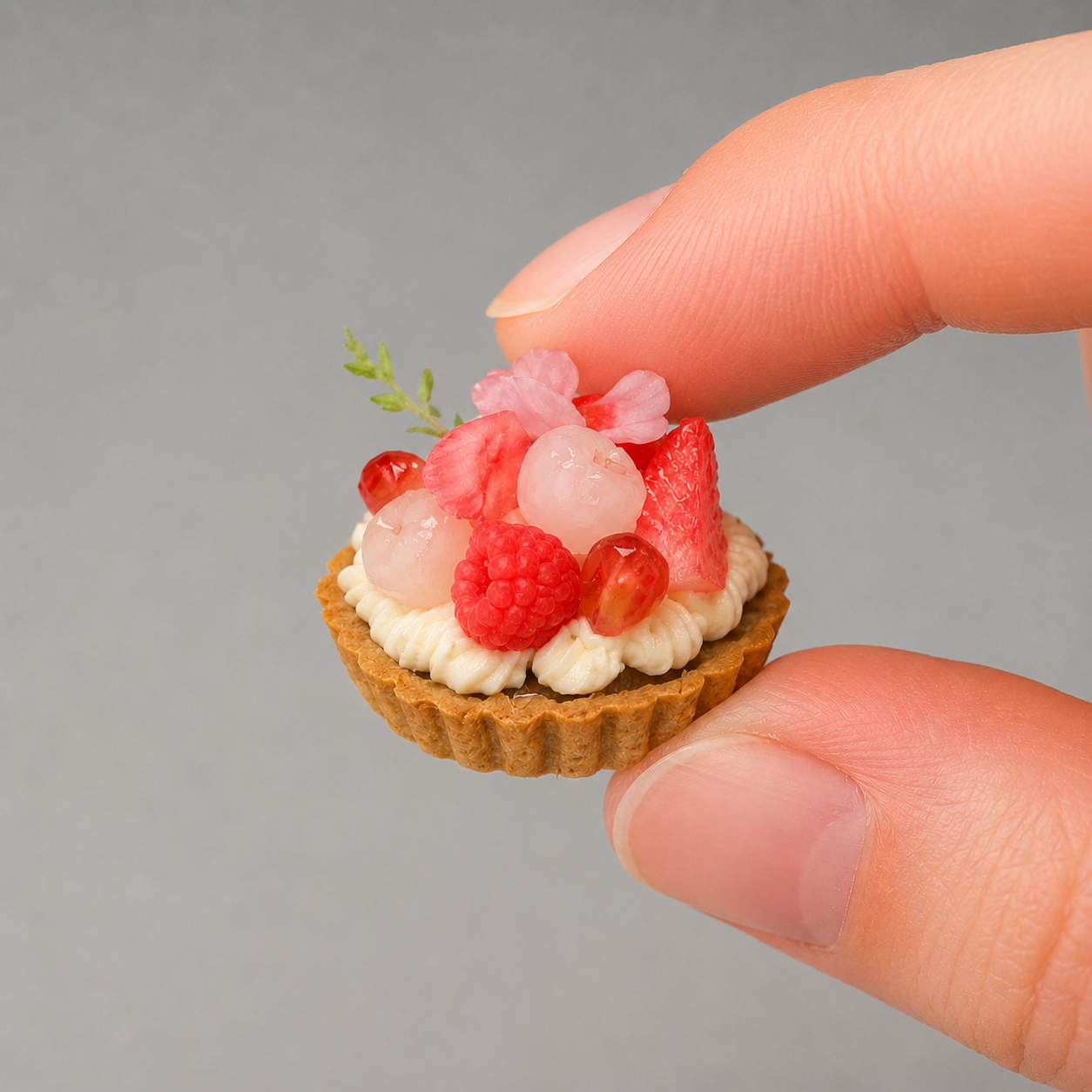 1:6 Scale Miniature Pink Rose Dessert Set – Dollhouse Fruit Tart, Jelly Parfait, Fruit Plate & Red Velvet Cupcake, Handmade Polymer Clay Kawaii Bakery Food for Blythe BJD Diorama