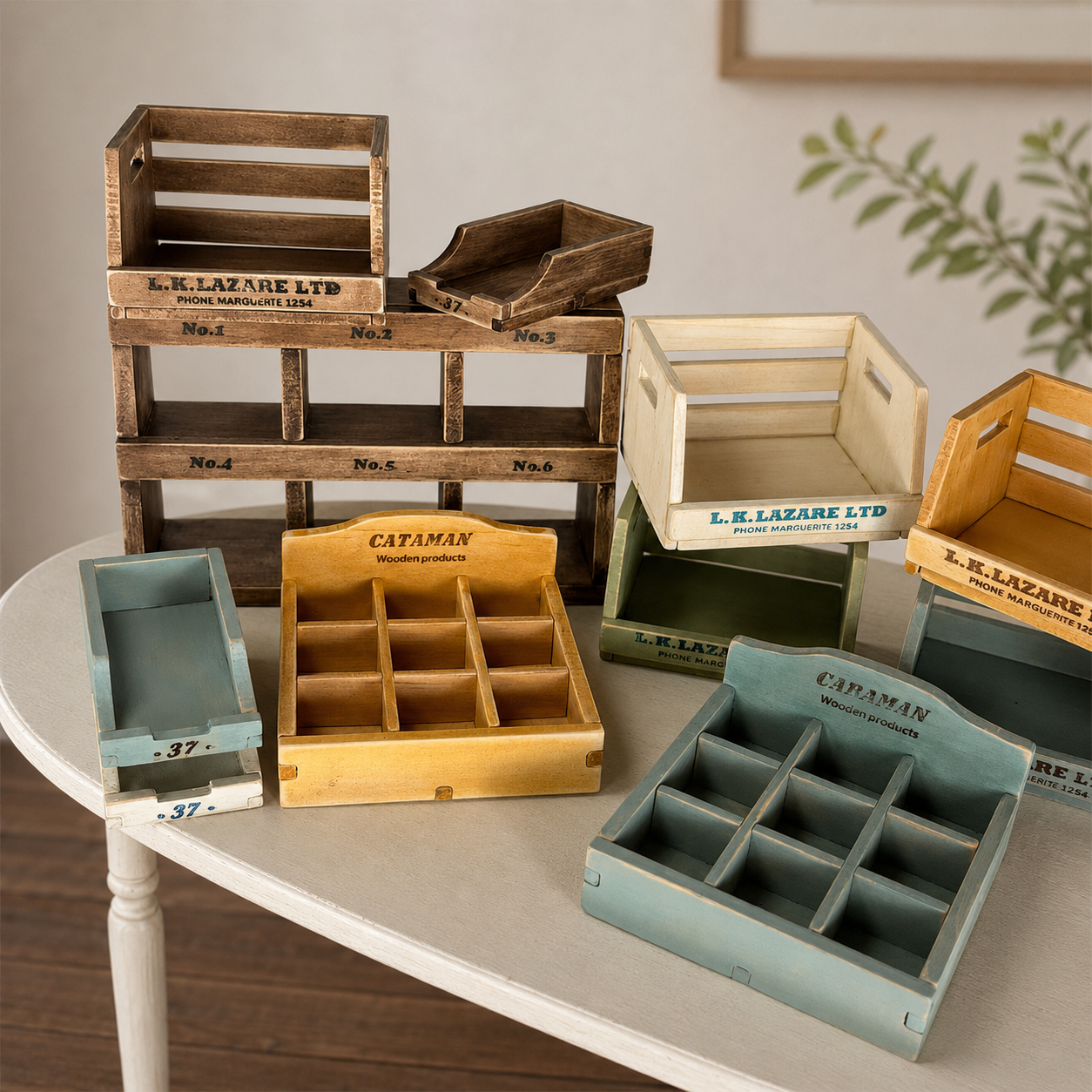 FDMINI Mini Vintage Wooden Storage Set – 4-Piece Handmade Miniature Shelf, Crate & Divided Box for 1:6 1:8 Scale Dollhouse, BJD & Blythe Scenes