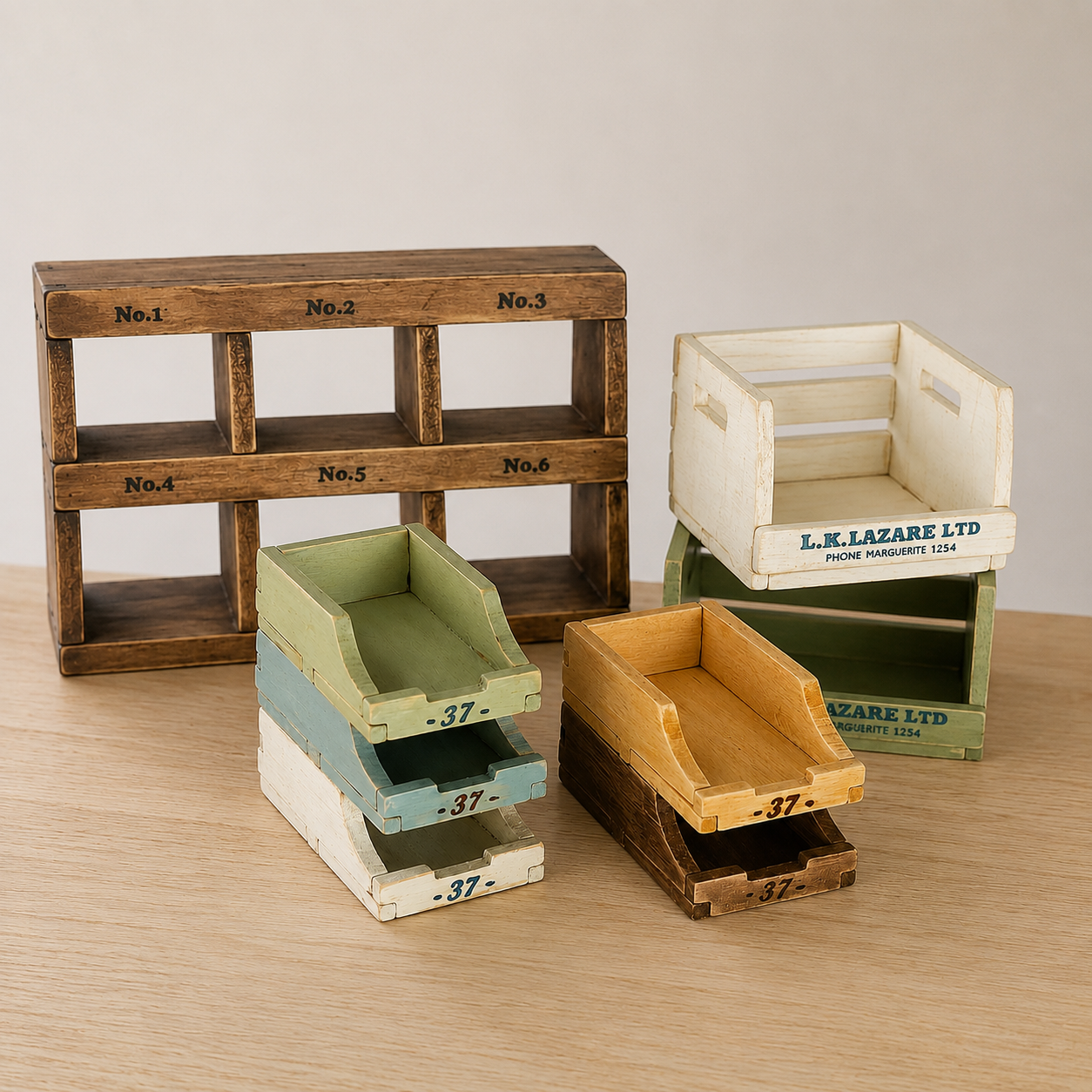 FDMINI Mini Vintage Wooden Storage Set – 4-Piece Handmade Miniature Shelf, Crate & Divided Box for 1:6 1:8 Scale Dollhouse, BJD & Blythe Scenes