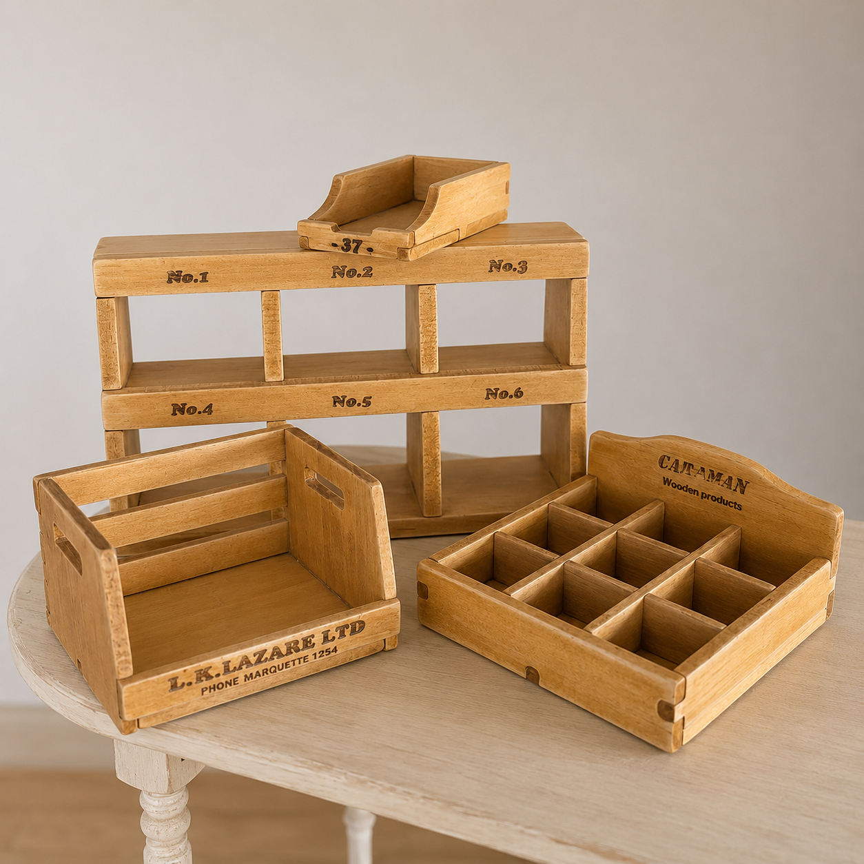 FDMINI Mini Vintage Wooden Storage Set – 4-Piece Handmade Miniature Shelf, Crate & Divided Box for 1:6 1:8 Scale Dollhouse, BJD & Blythe Scenes