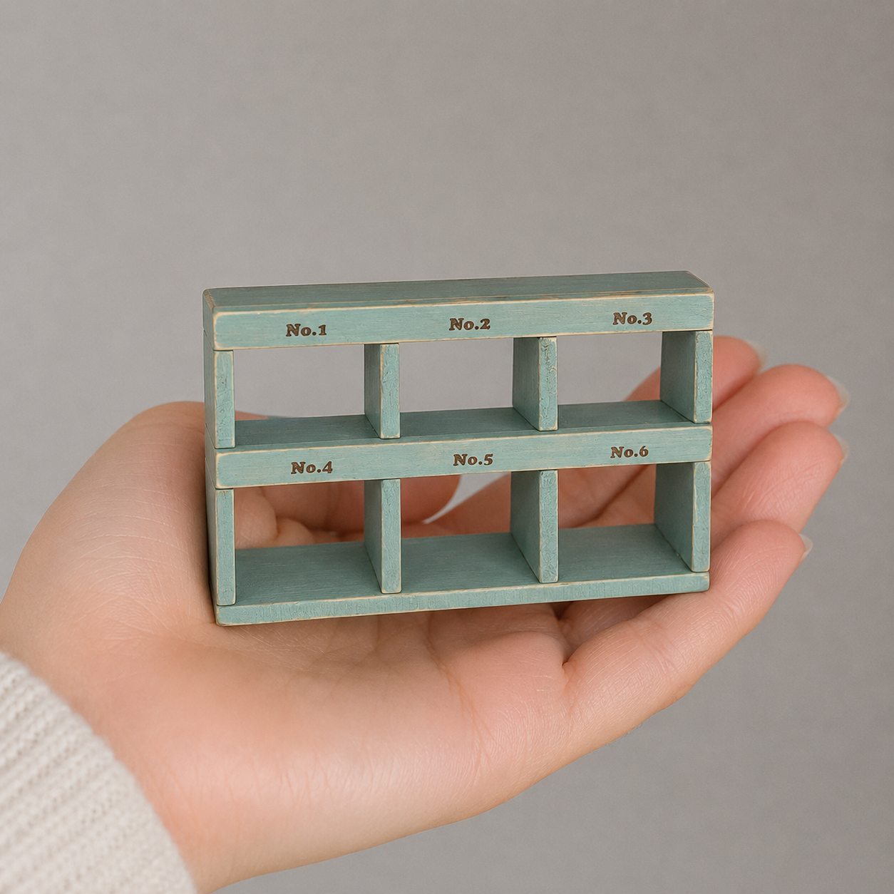 FDMINI Mini Vintage Wooden Storage Set – 4-Piece Handmade Miniature Shelf, Crate & Divided Box in Antique Blue for 1:6 1:8 Scale Dollhouse, BJD & Blythe