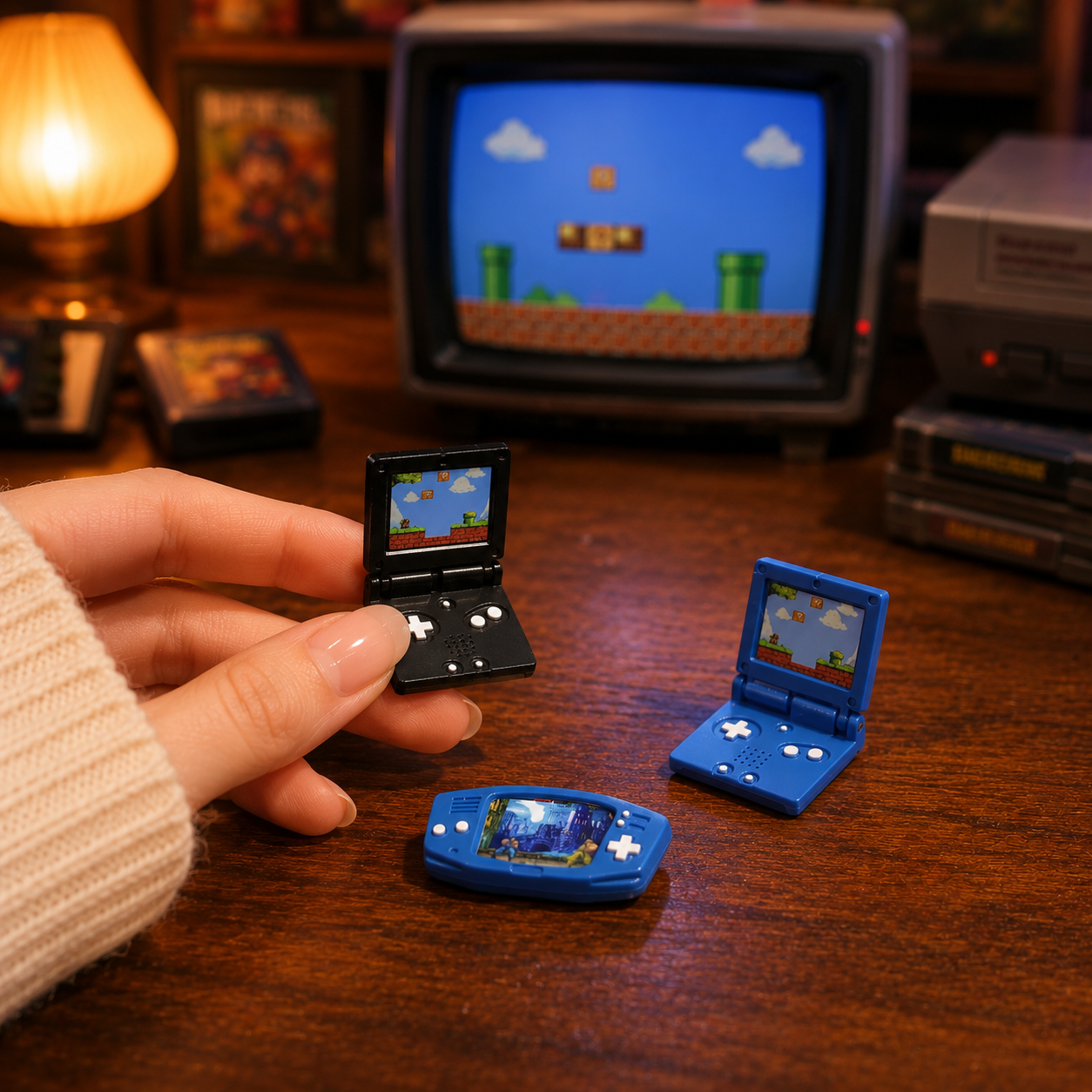 FDMINI Mini Retro Game Consoles – Set of 3 Miniature Handheld Gaming Devices for 1:6 Dollhouse, Diorama & Retro Room Decor