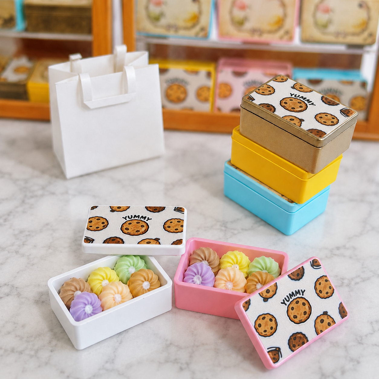 FDMINI Mini Cookie Tin – 5 Colors Miniature Biscuit Box with 6 Piped Cookies & Removable Lid for 1:12 Dollhouse Kitchen & Afternoon Tea Scenes