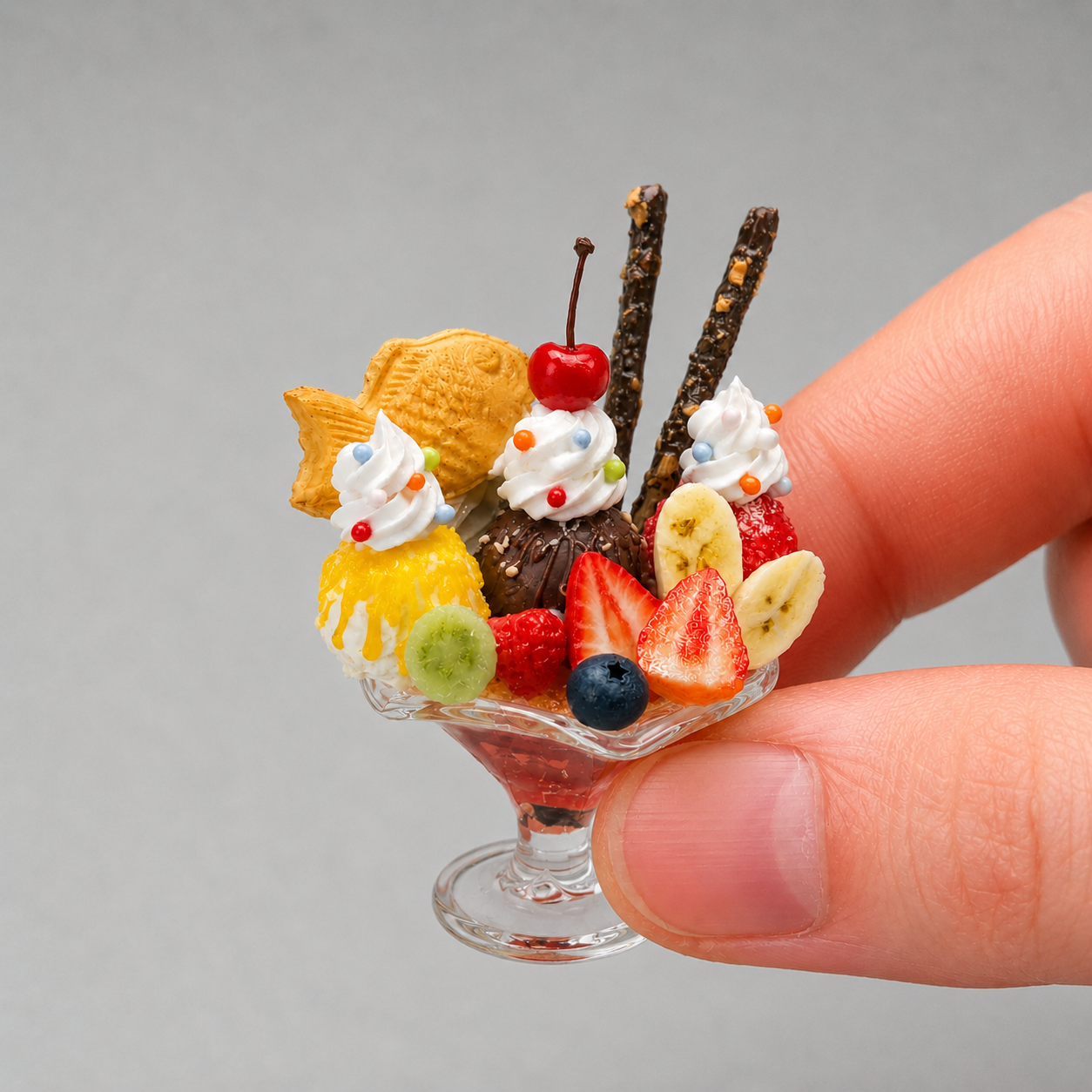 1:6 Scale Miniature Japanese Sundae Cup Set – Dollhouse Taiyaki Ice Cream & Banana Split Parfait, Handmade Polymer Clay Café Food for Blythe BJD Diorama