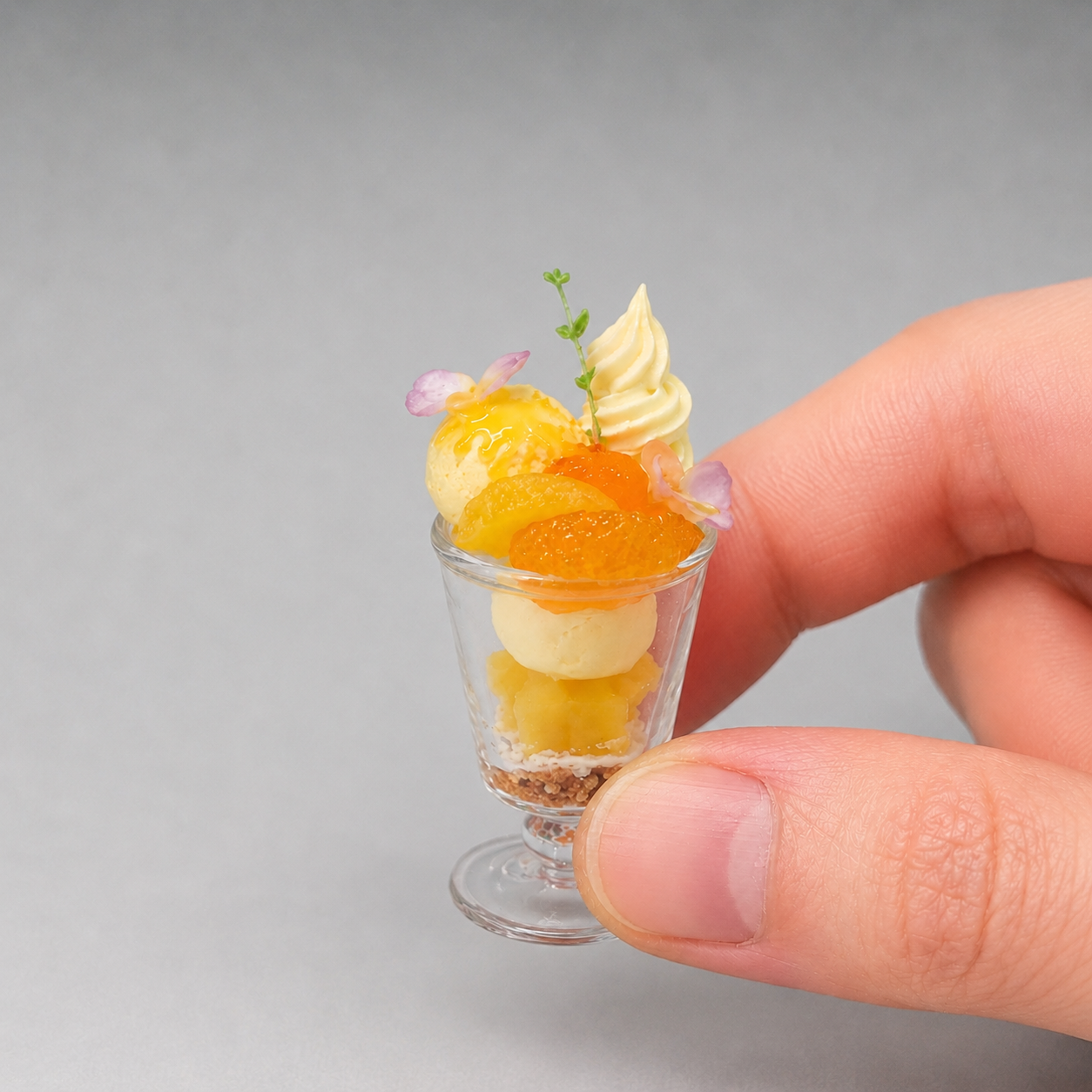 1:6 Scale Miniature Orange Citrus Dessert Set – Dollhouse Chocolate Sundae Cup, Orange Parfait, Fruit Jelly Platter & Orange Cream Puff, Handmade Polymer Clay Café Food for Blythe BJD Diorama